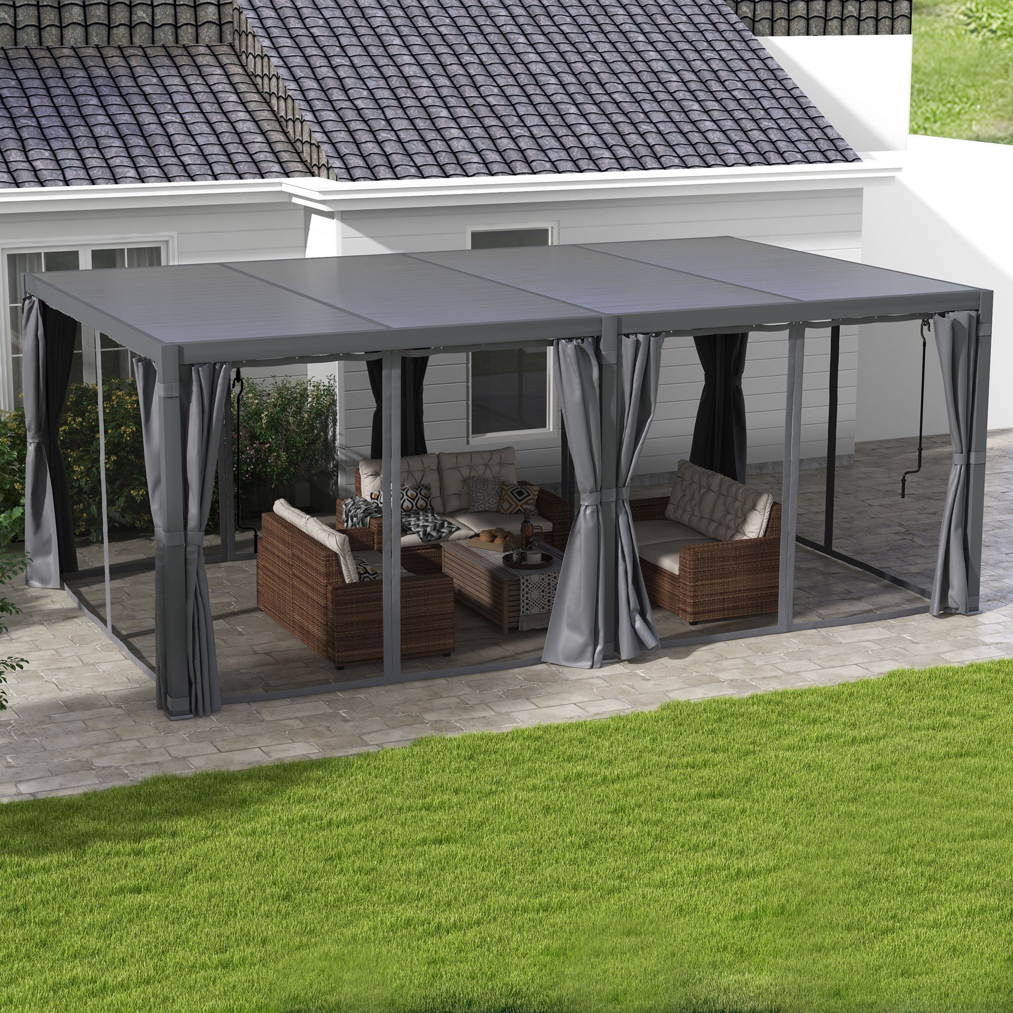 12' x 19' Aluminum Pergola with Adjustable Louvered, Outdoor Pergola with Curtains and Netting, - View 2