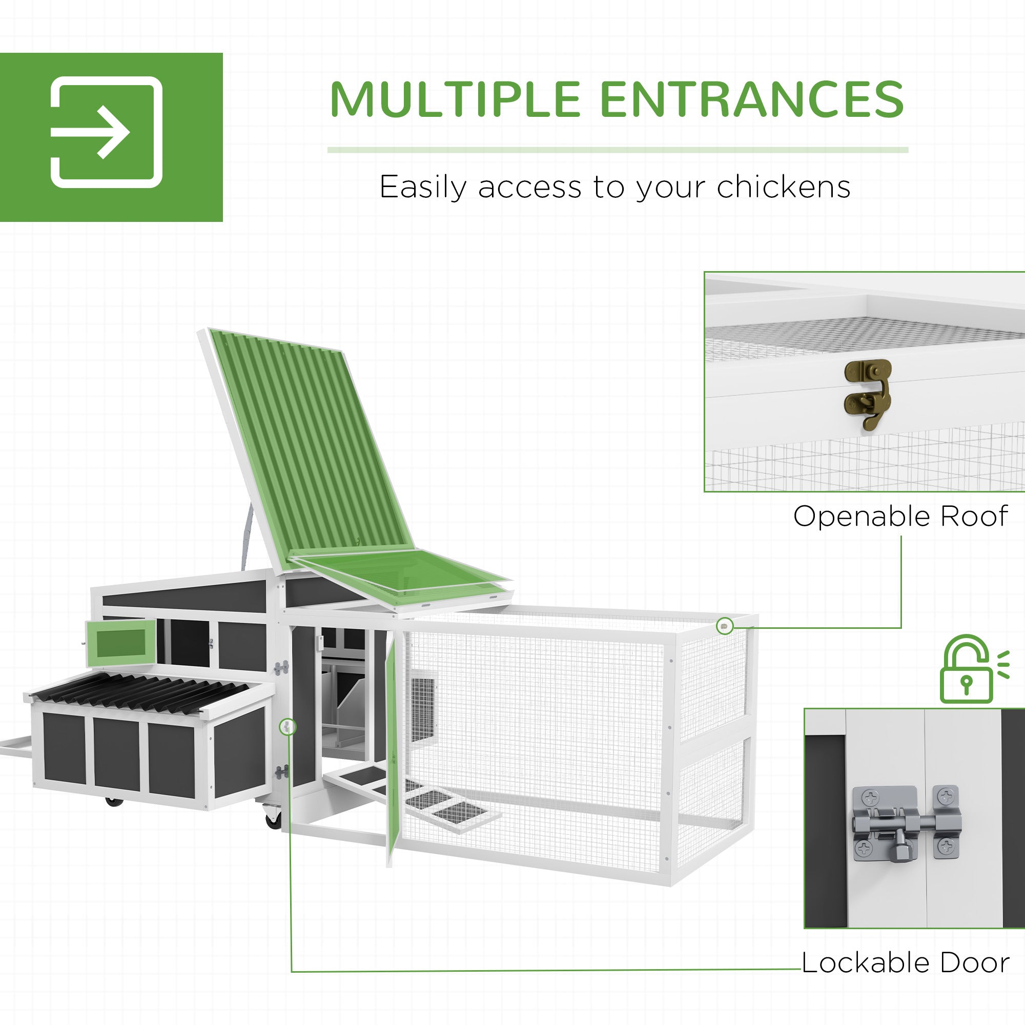 Wooden Chicken Coop with Nesting Box, Pull Out Tray, Run, Perches, Ramp, Windows for 6 Chickens, - View 3