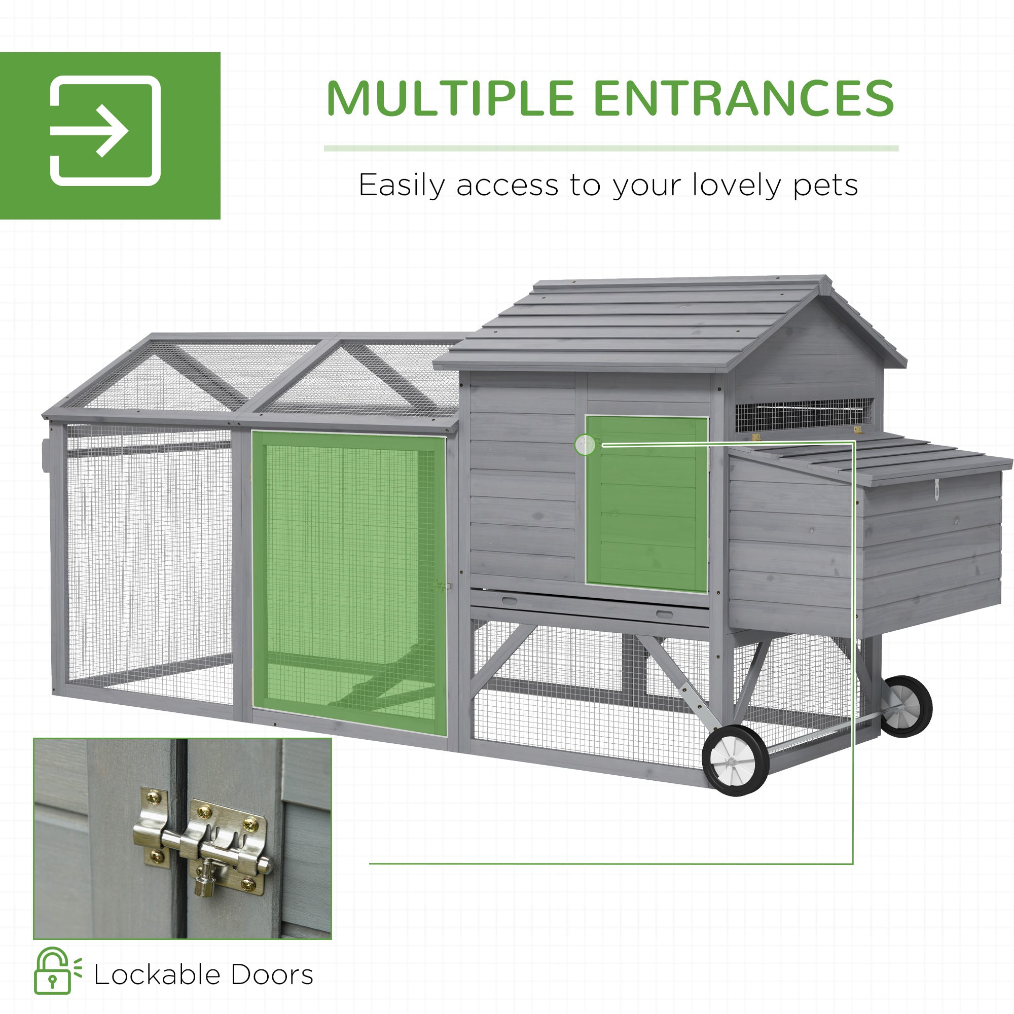 96.5" Chicken Coop Wooden Hen House Poultry Cage Pen Portable with Wheels and Nesting Box, Chicken - View 3