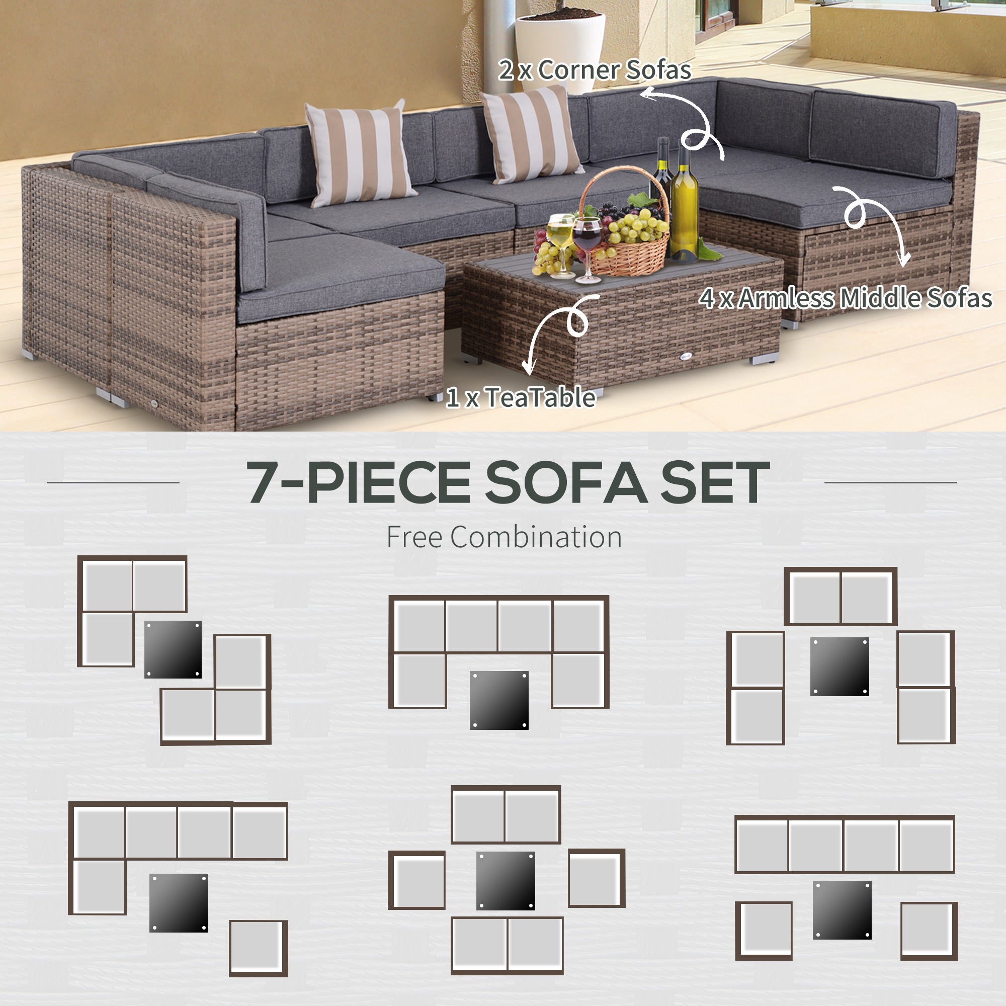 Modern Rattan Patio Furniture Set, 7-Piece Outdoor Wicker Sofa Set with Cushions for Home & Family - View 6