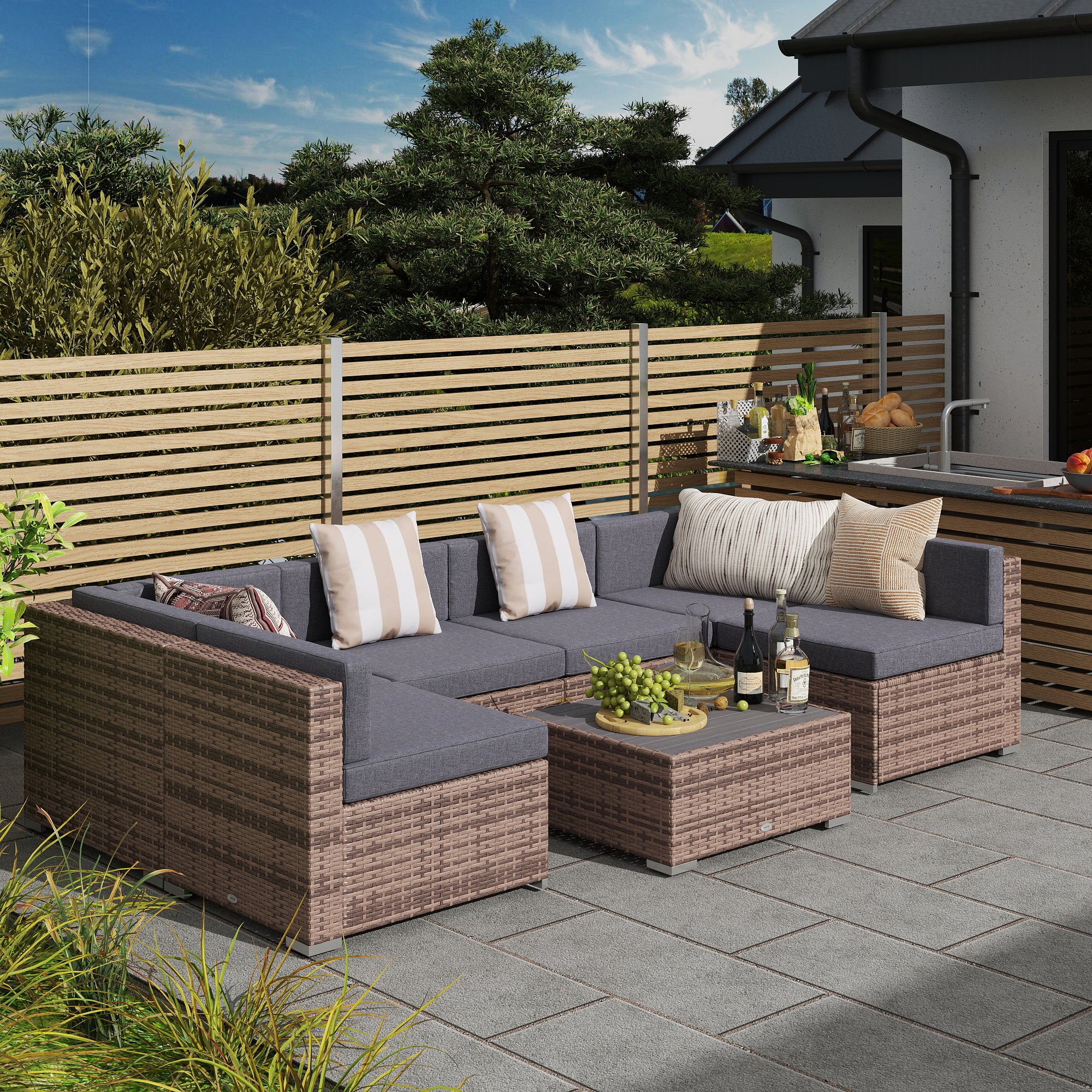 Modern Rattan Patio Furniture Set, 7-Piece Outdoor Wicker Sofa Set with Cushions for Home & Family - View 2
