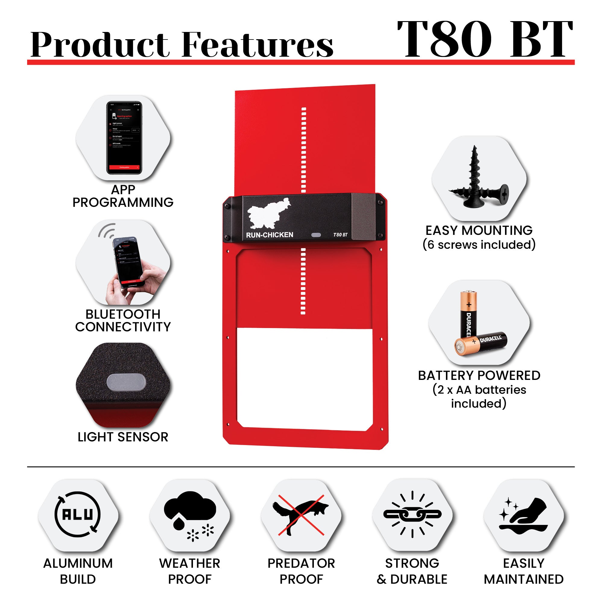 RUN-CHICKEN T80 Automatic Coop Door – Red (with Bluetooth)