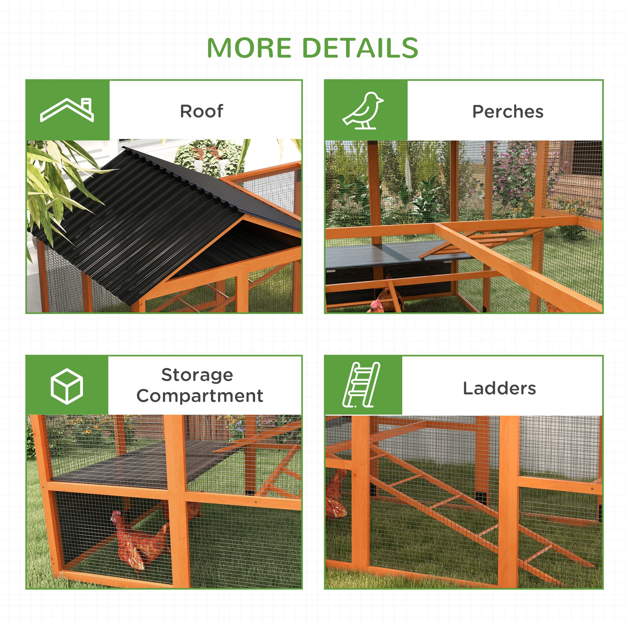 Wooden Chicken Coop Run for 6 - 10 Chickens, Hen House Add-On with Storage, Perches, 141.75" x 48" - View 4