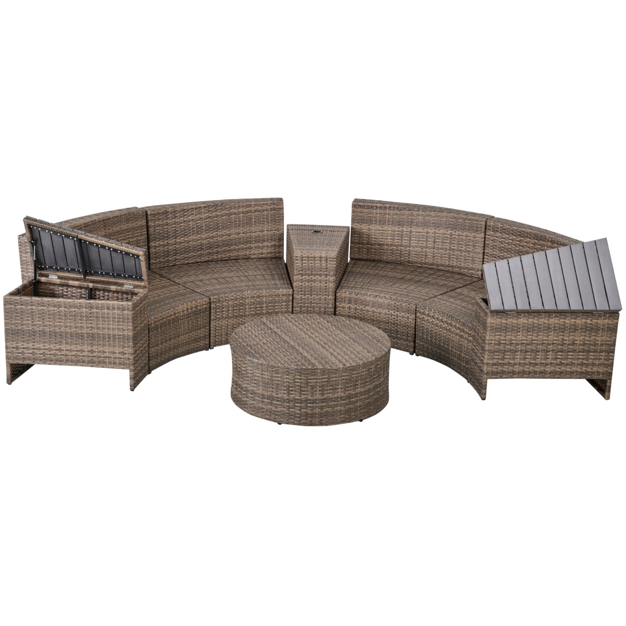 8 Piece Outdoor Rattan Sofa, Half Round Patio Furniture Set with Side Tables, Umbrella Hole, and - View 8