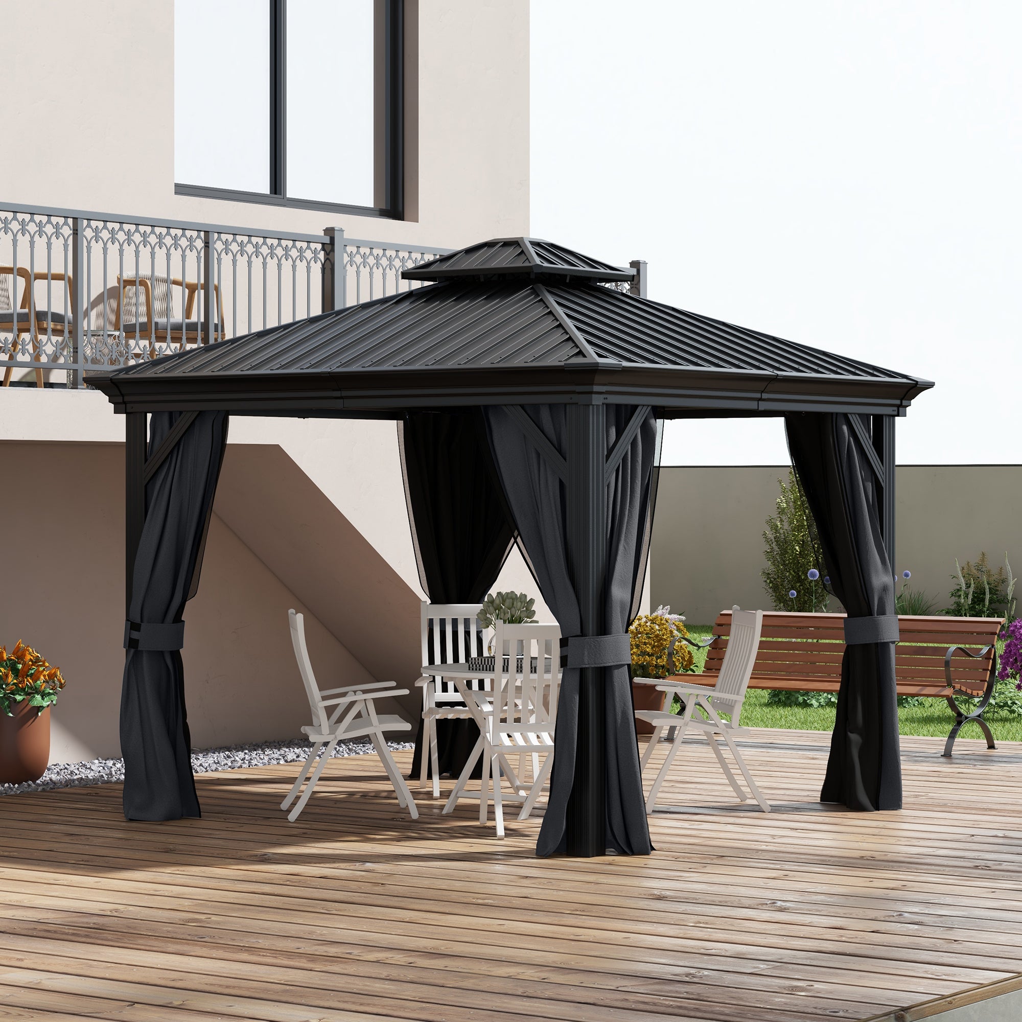 10' x 12' Hardtop Gazebo Permanent Pavilion w/ Double Roof Aluminum Frame Sidewalls for Patio - View 2