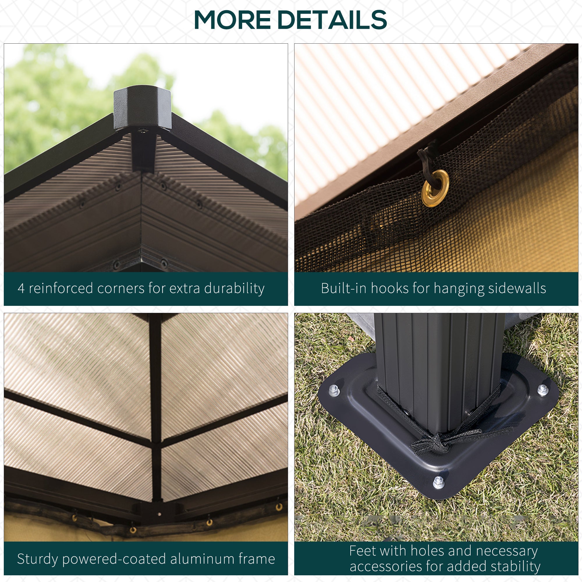 10' x 12' Hardtop Gazebo Canopy with Polycarbonate Roof, Aluminum Frame, Permanent Pavilion Outdoor - View 6