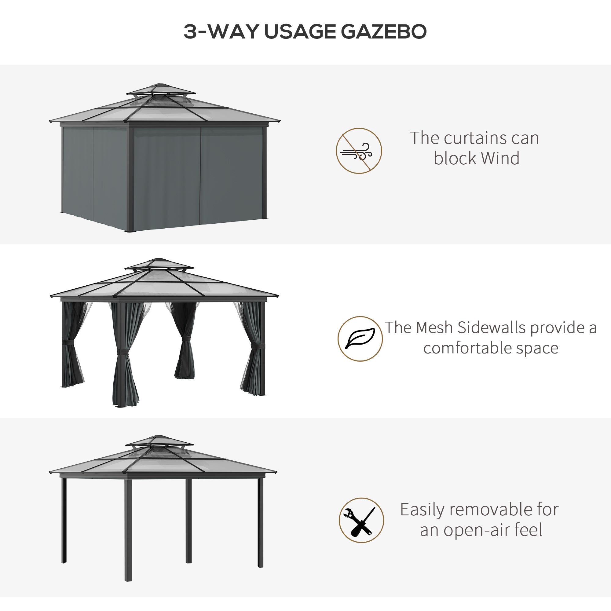 10' x 10' Hardtop Gazebo Canopy with Polycarbonate Roof, Aluminum Frame, Permanent Pavilion Outdoor - View 8