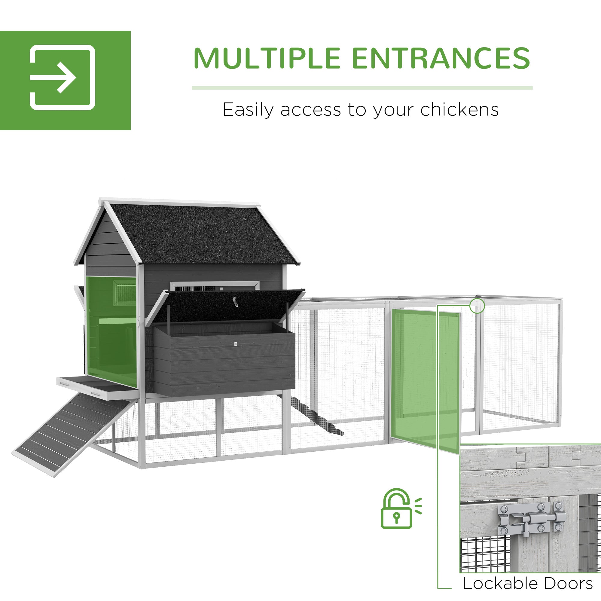 137" Wooden Chicken Coop for 8-10 Chickens, Backyard, Gray - View 3