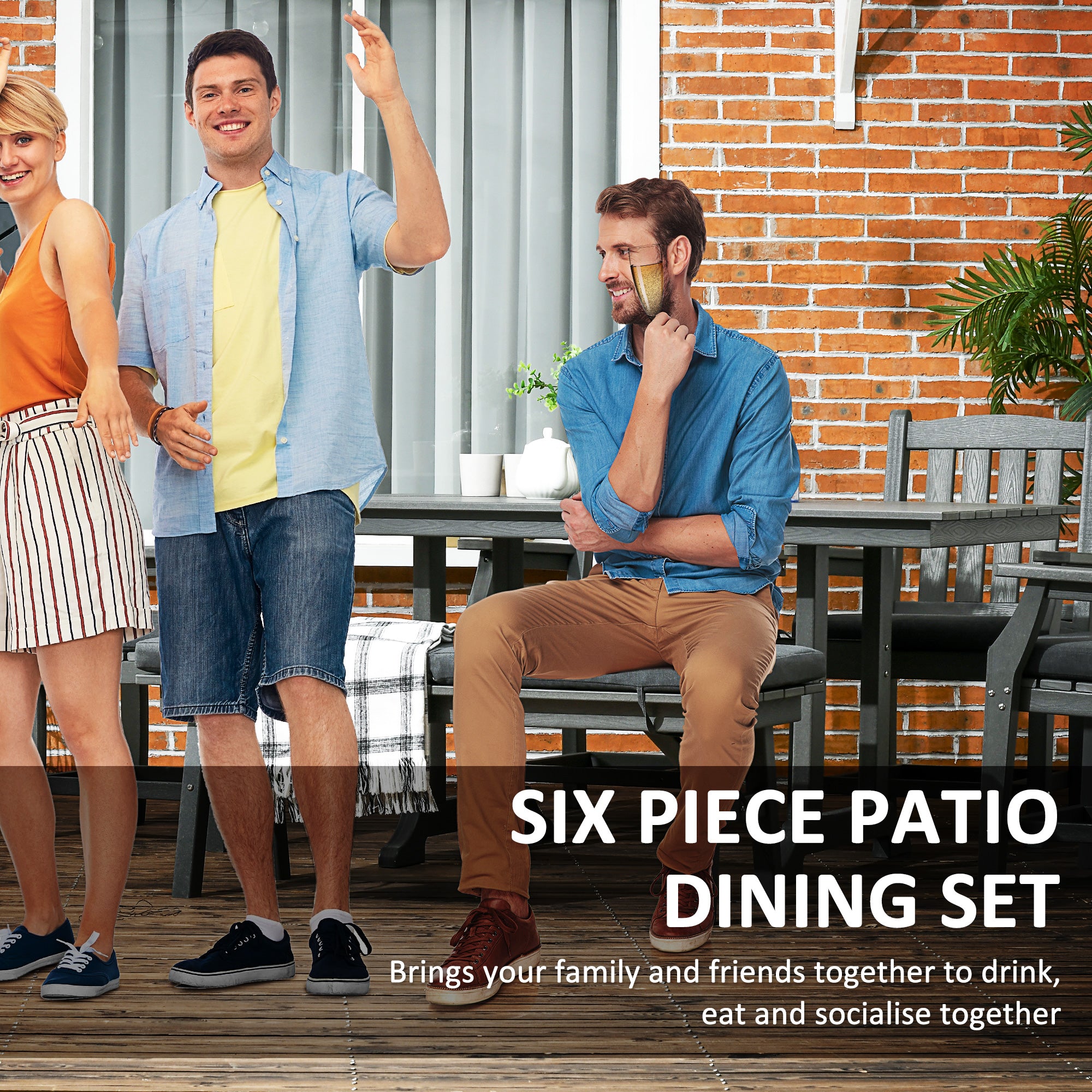 6 Pieces Patio Dining Set, 6 Seater Outdoor Table and Chairs, Conversation Furniture, Armrests, - View 4