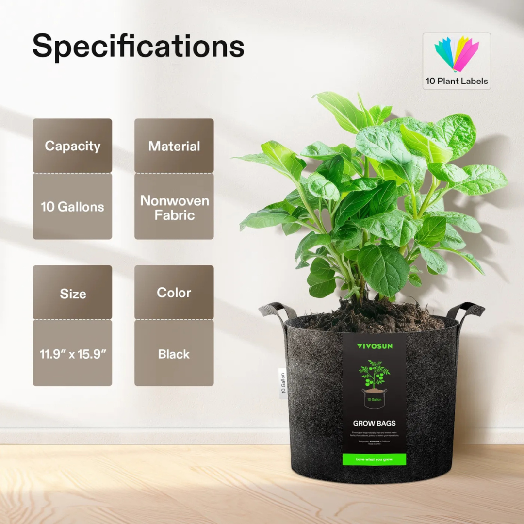 Vivosun 10 Gallon Grow Bags 5-Pack Black Thickened Nonwoven Fabric Pots with Handles