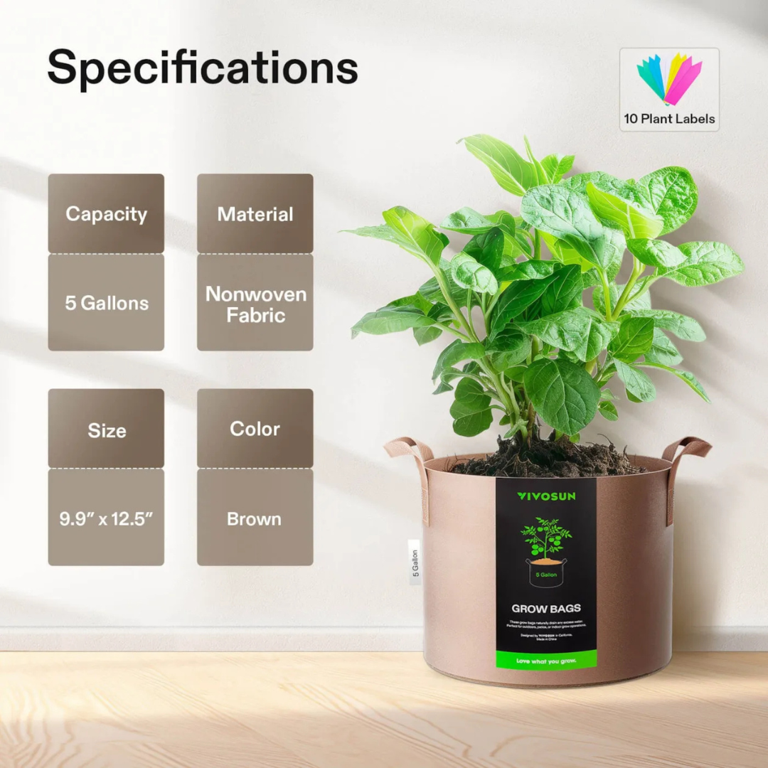 Vivosun Gallon Grow Bags 5-Pack Brown Thickened Nonwoven Fabric Pots with Handles