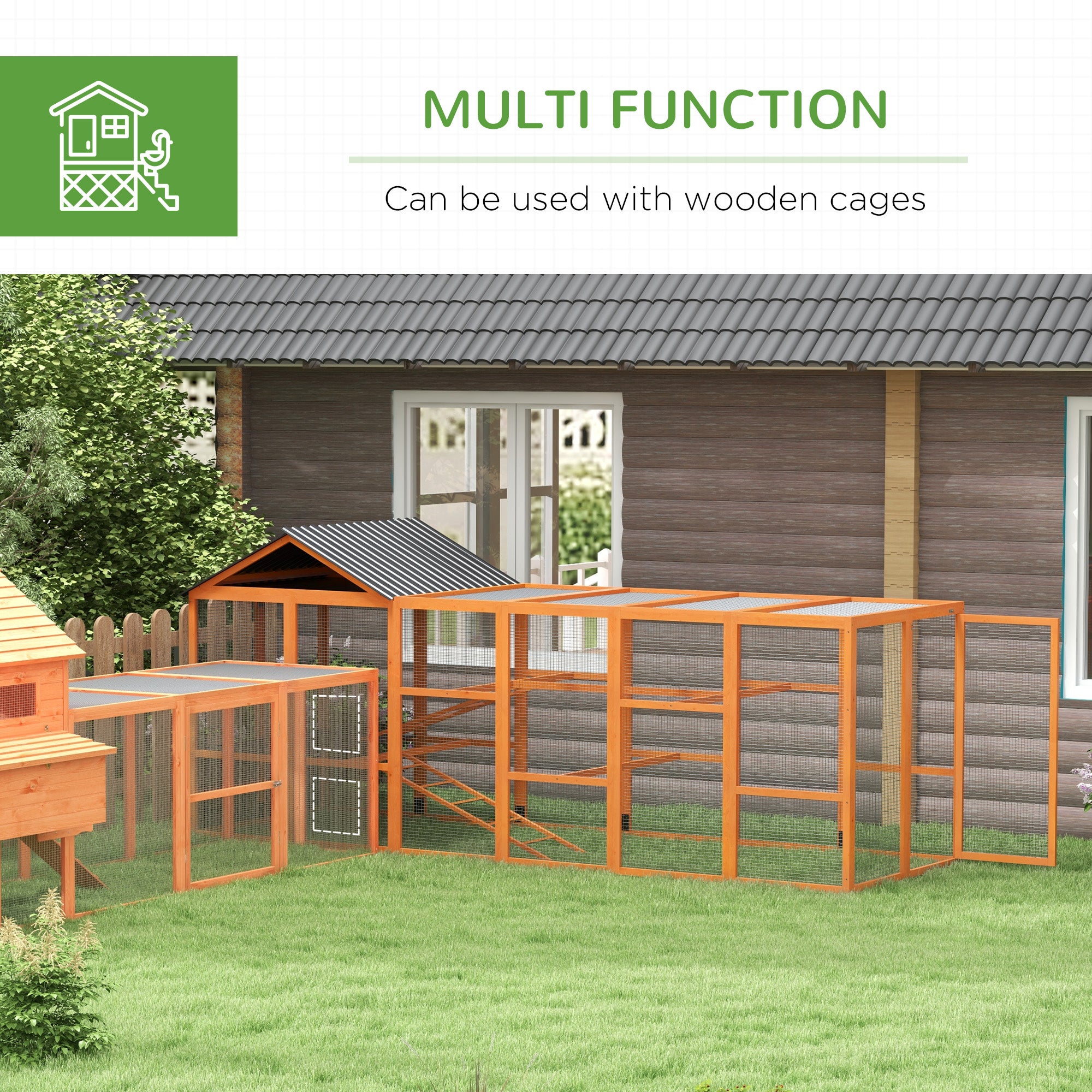 Wooden Chicken Coop Run for 6 - 10 Chickens, Hen House Add-On with Storage, Perches, 141.75" x 48" - View 3
