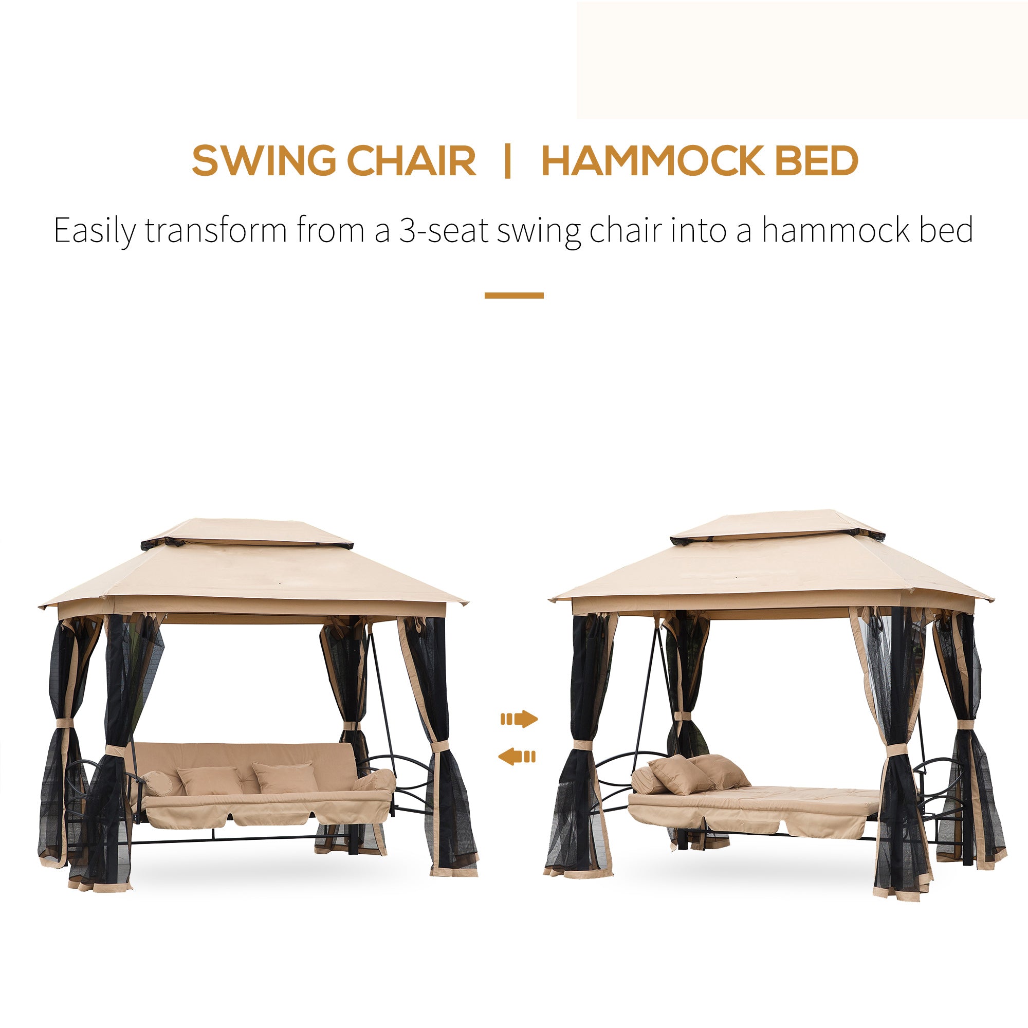 3-Seat Patio Swing Chair, Outdoor Gazebo Swing with Double Tier Canopy, Mesh Sidewalls, Cushioned - View 5