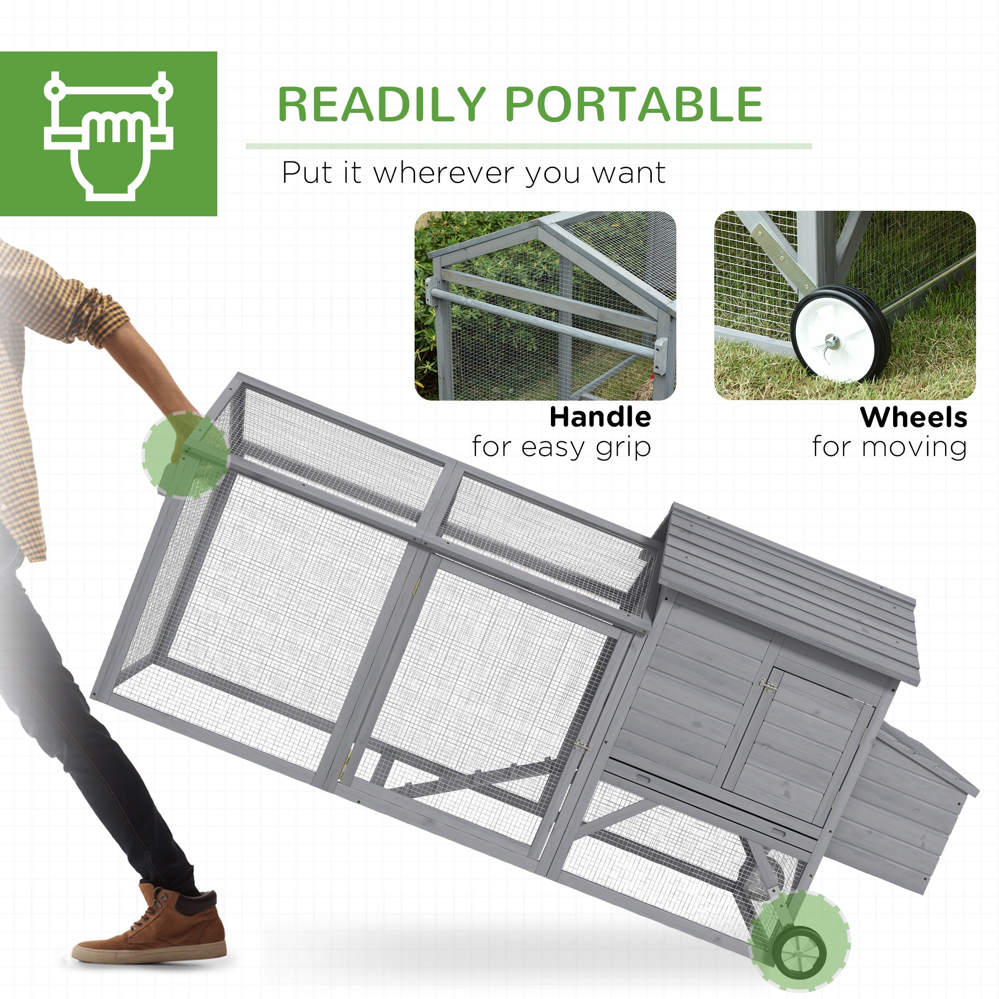 96.5" Chicken Coop Wooden Hen House Poultry Cage Pen Portable with Wheels and Nesting Box, Chicken - View 4