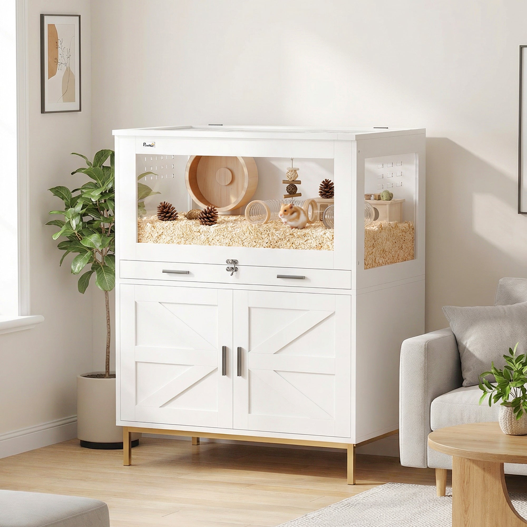 Hamster Cage with Storage Cabinet, Small Animal Cage with Pull Out Drawer and Acrylic Panels, 30" x - View 2