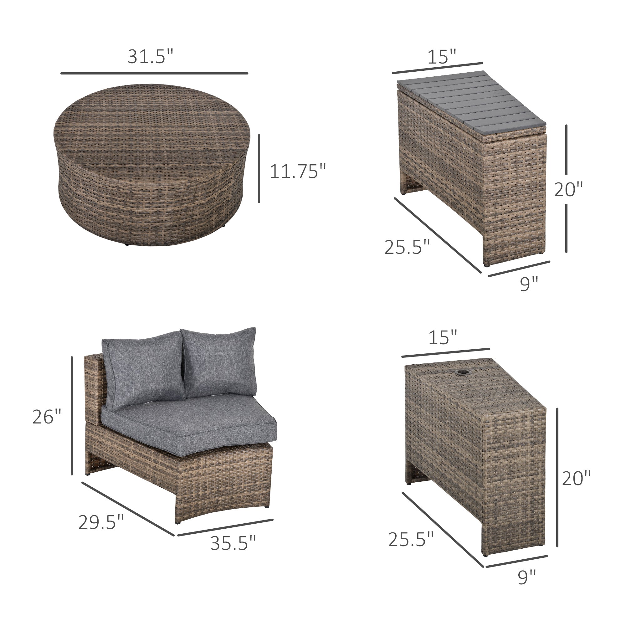 8 Piece Outdoor Rattan Sofa, Half Round Patio Furniture Set with Side Tables, Umbrella Hole, and - View 3