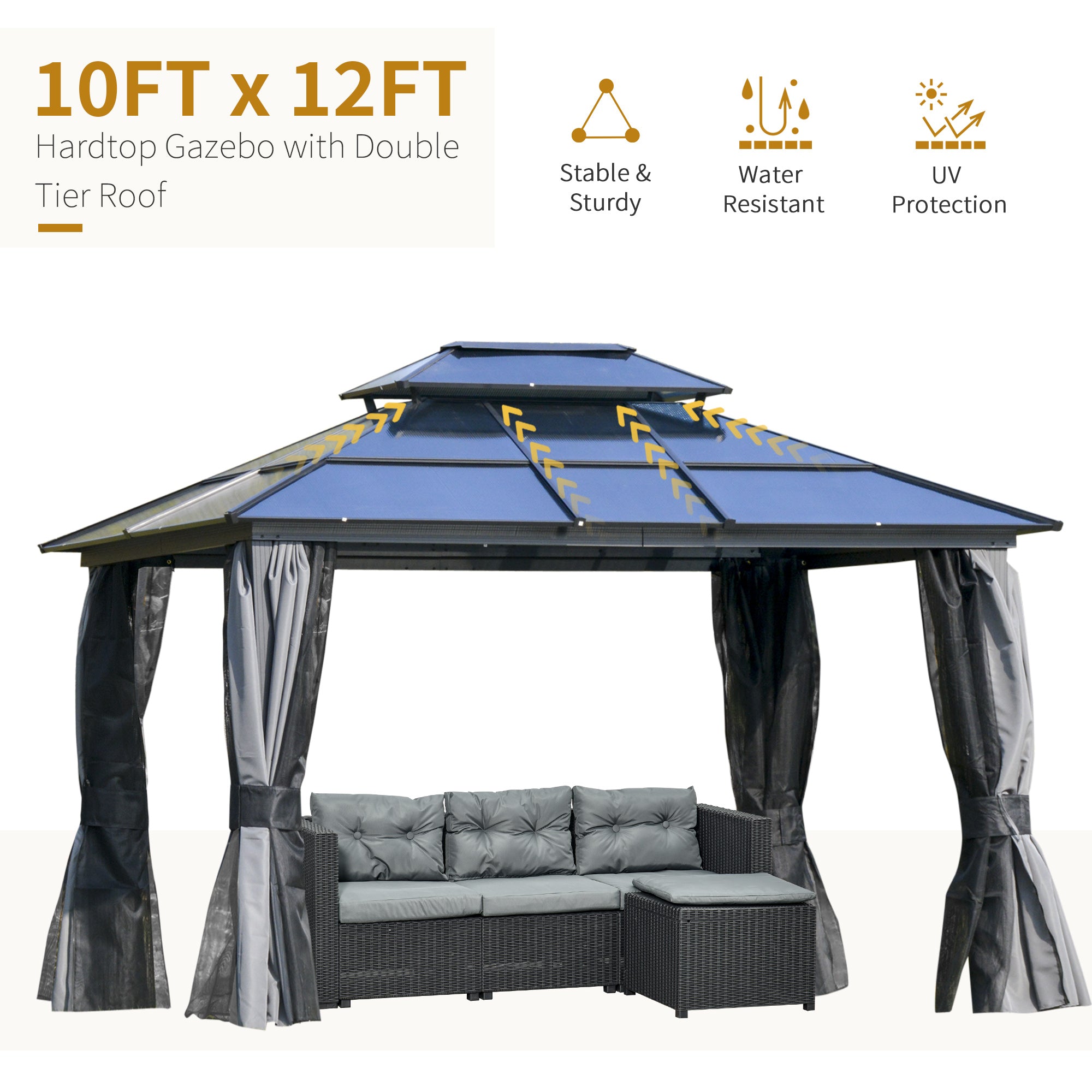 10' x 12' Hardtop Gazebo Canopy with Polycarbonate Roof, Aluminum Frame, Permanent Pavilion Outdoor - View 4