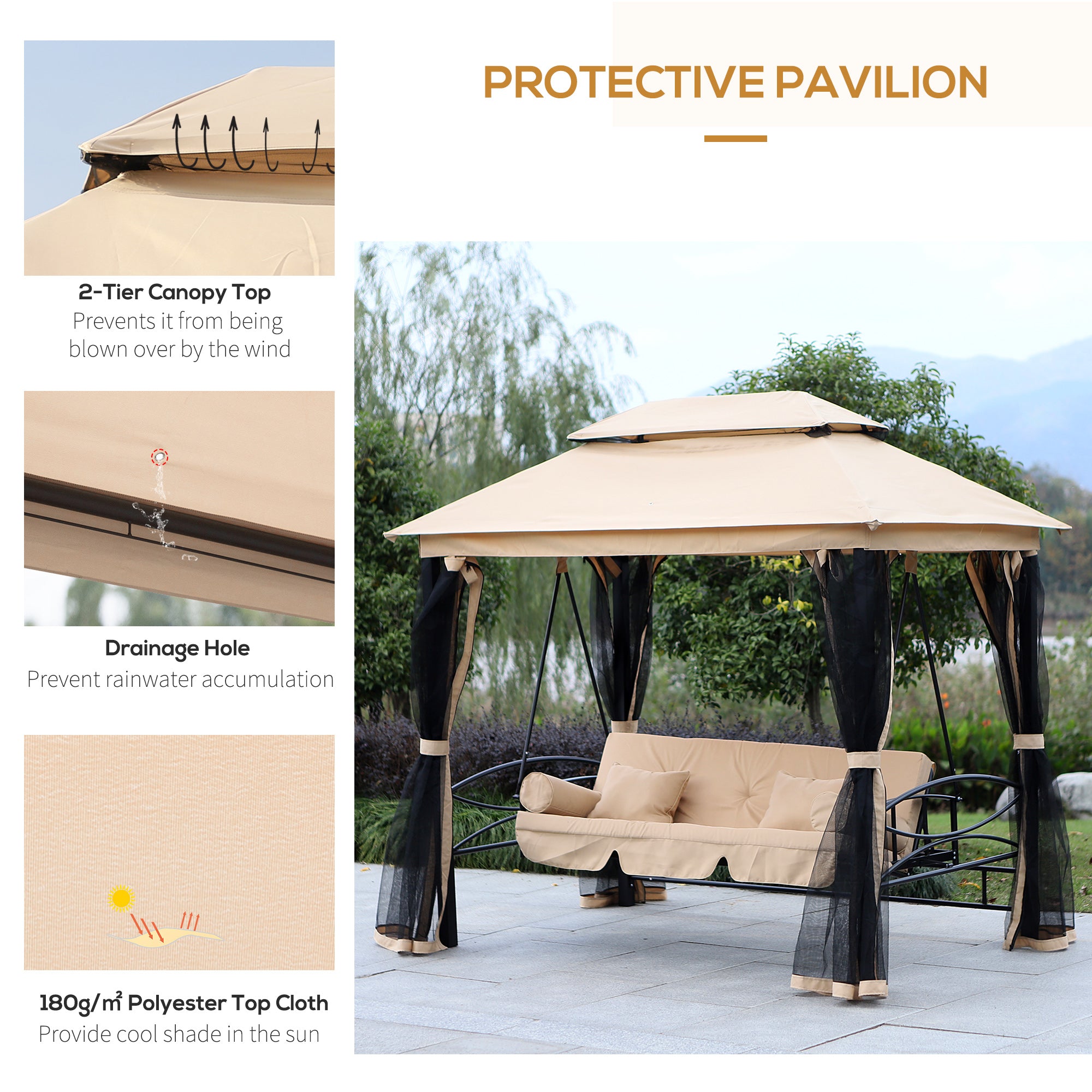 3-Seat Patio Swing Chair, Outdoor Gazebo Swing with Double Tier Canopy, Mesh Sidewalls, Cushioned - View 7