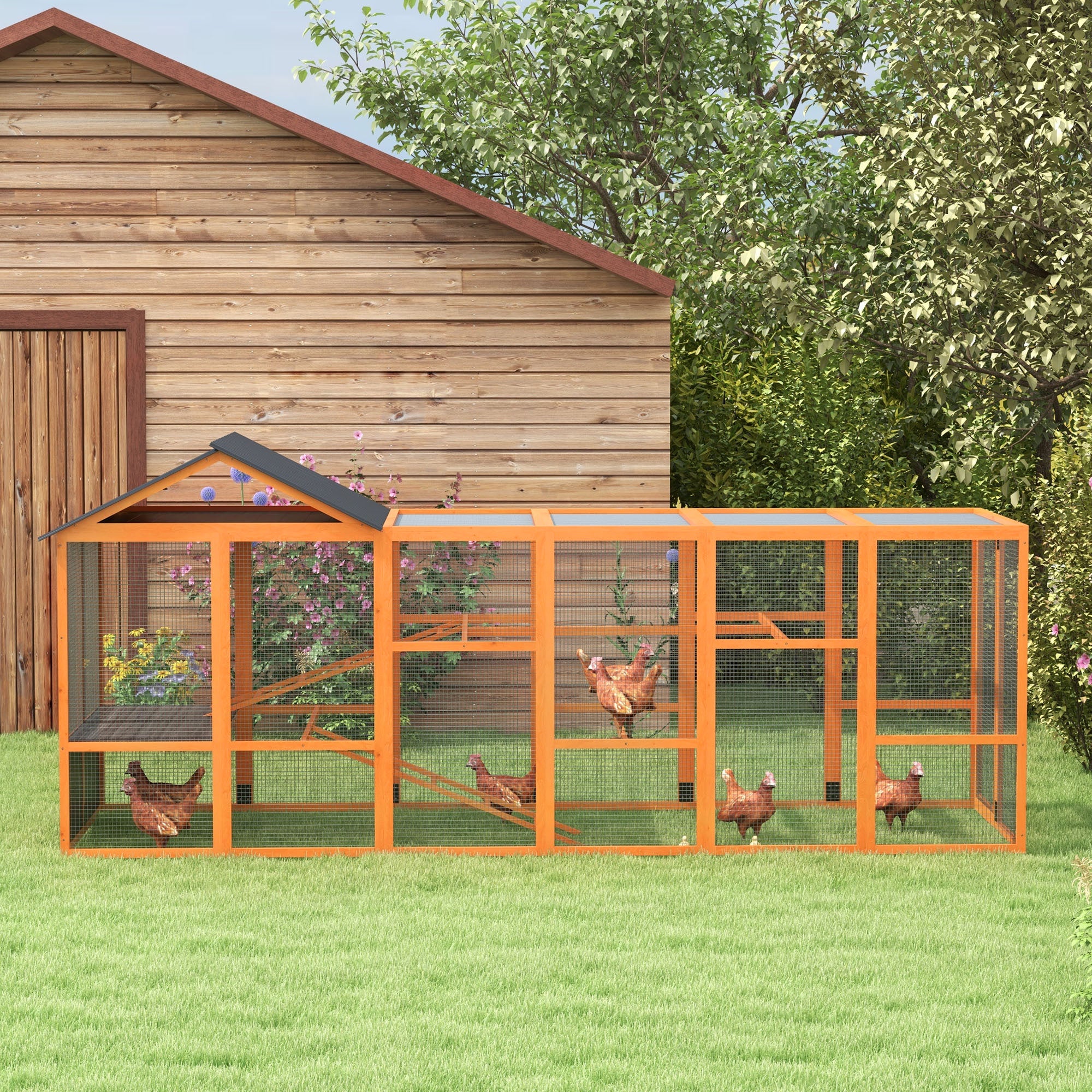 Wooden Chicken Coop Run for 6 - 10 Chickens, Hen House Add-On with Storage, Perches, 141.75" x 48" - View 5