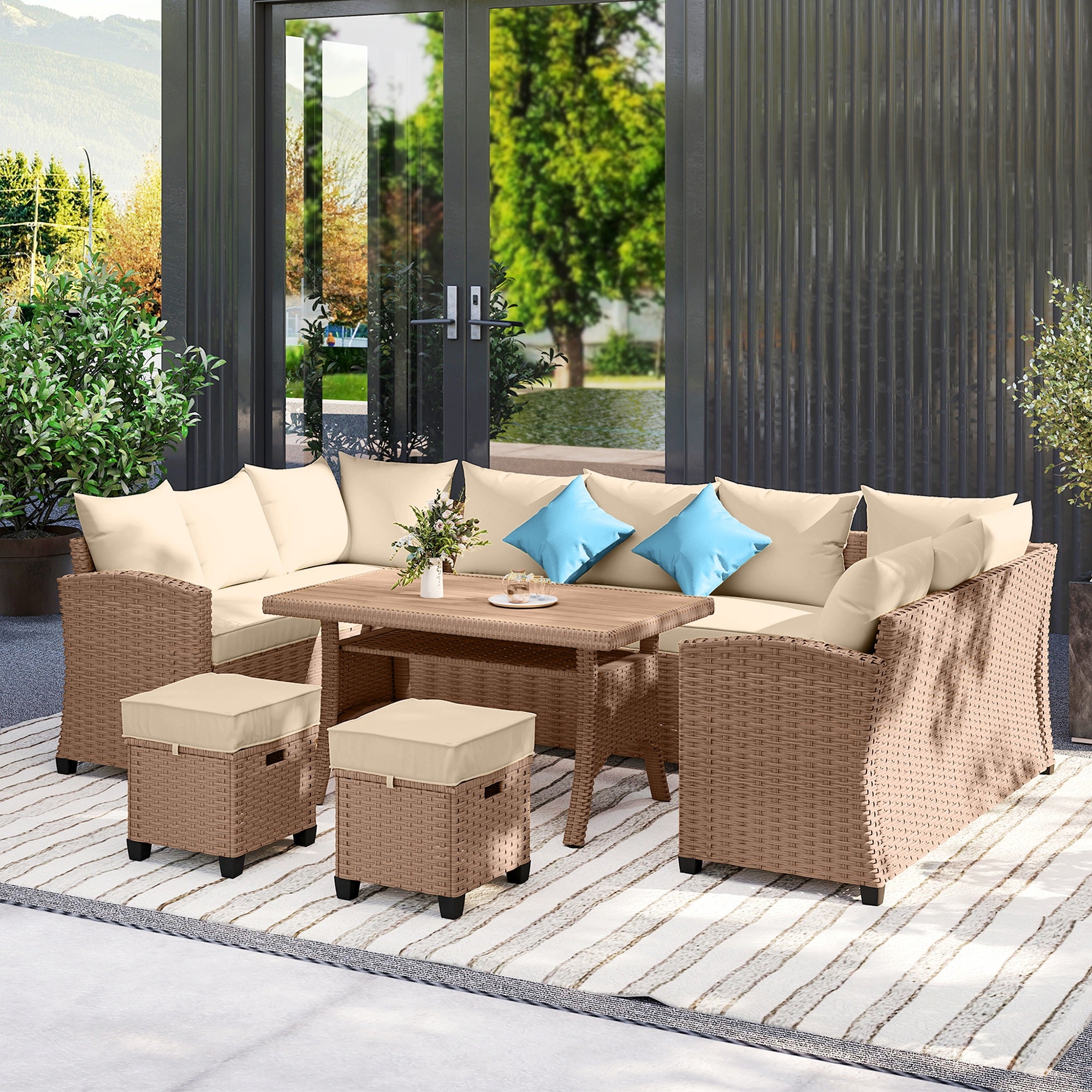 6 Piece Patio Furniture Set, PE Wicker Outdoor Furniture Conversation Set with 3 Sofas, 2 Ottomans - View 8