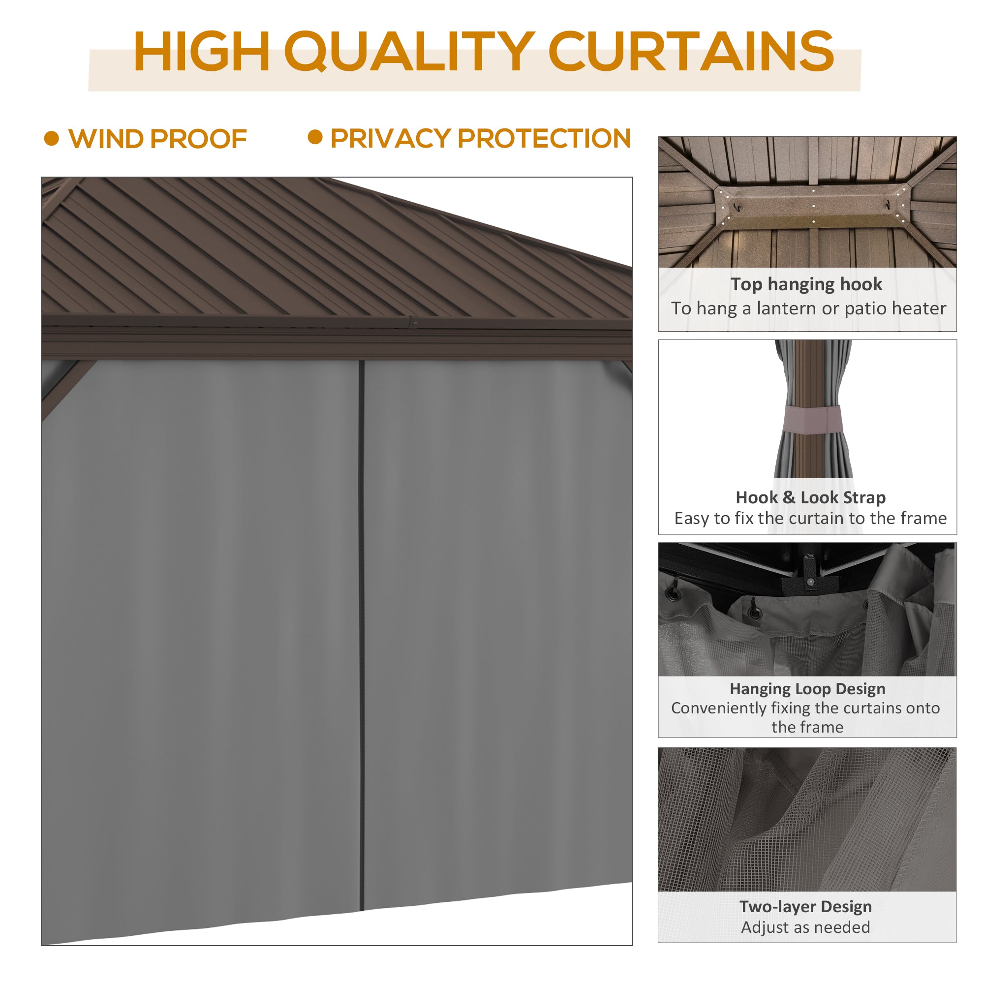 10' x 12' Hardtop Gazebo with Curtains and Netting, Permanent Pavilion Metal Single Roof Gazebo - View 4