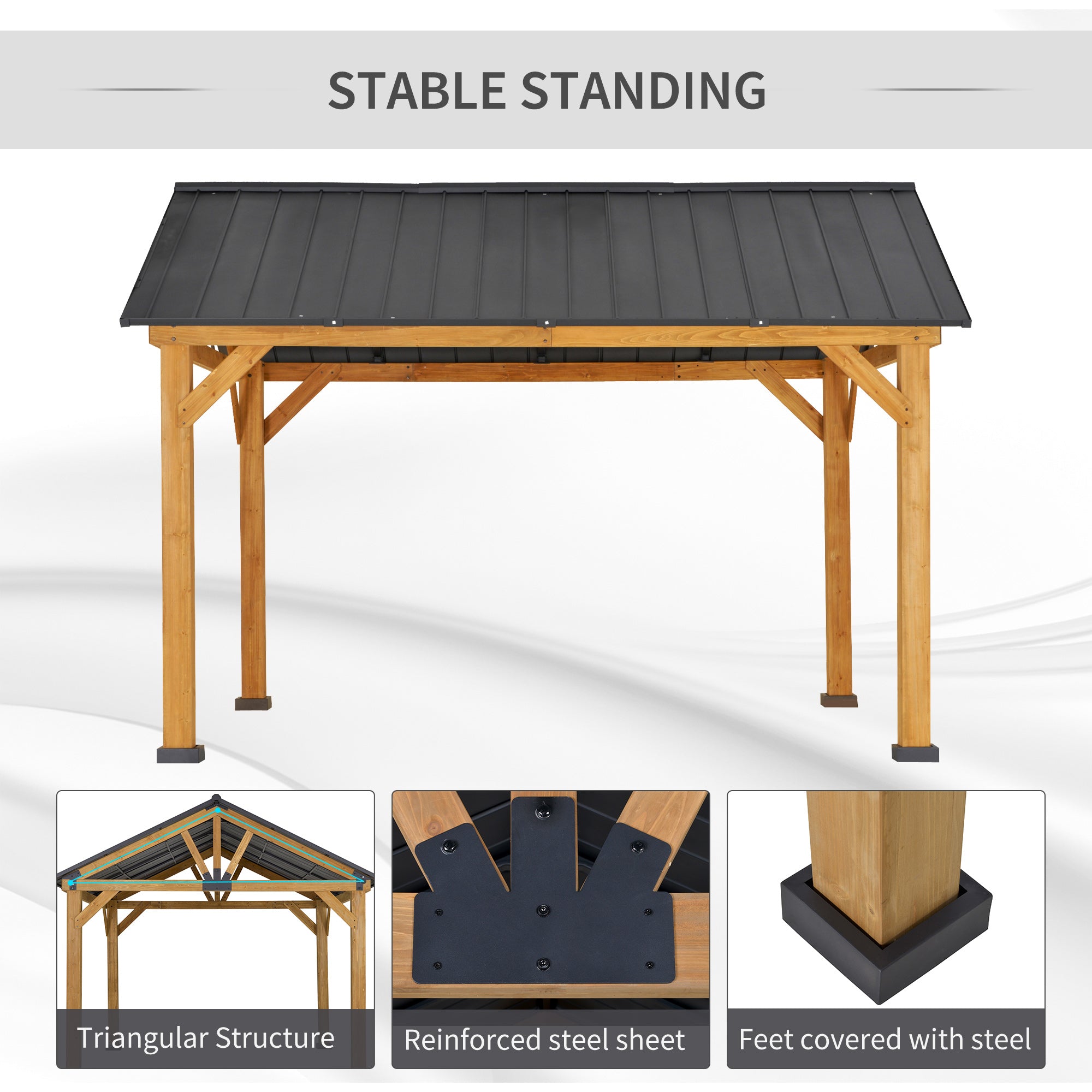 11' x 13' Hardtop Gazebo with Galvanized Steel Roof, Wooden Frame, Permanent Pavilion Outdoor - View 6