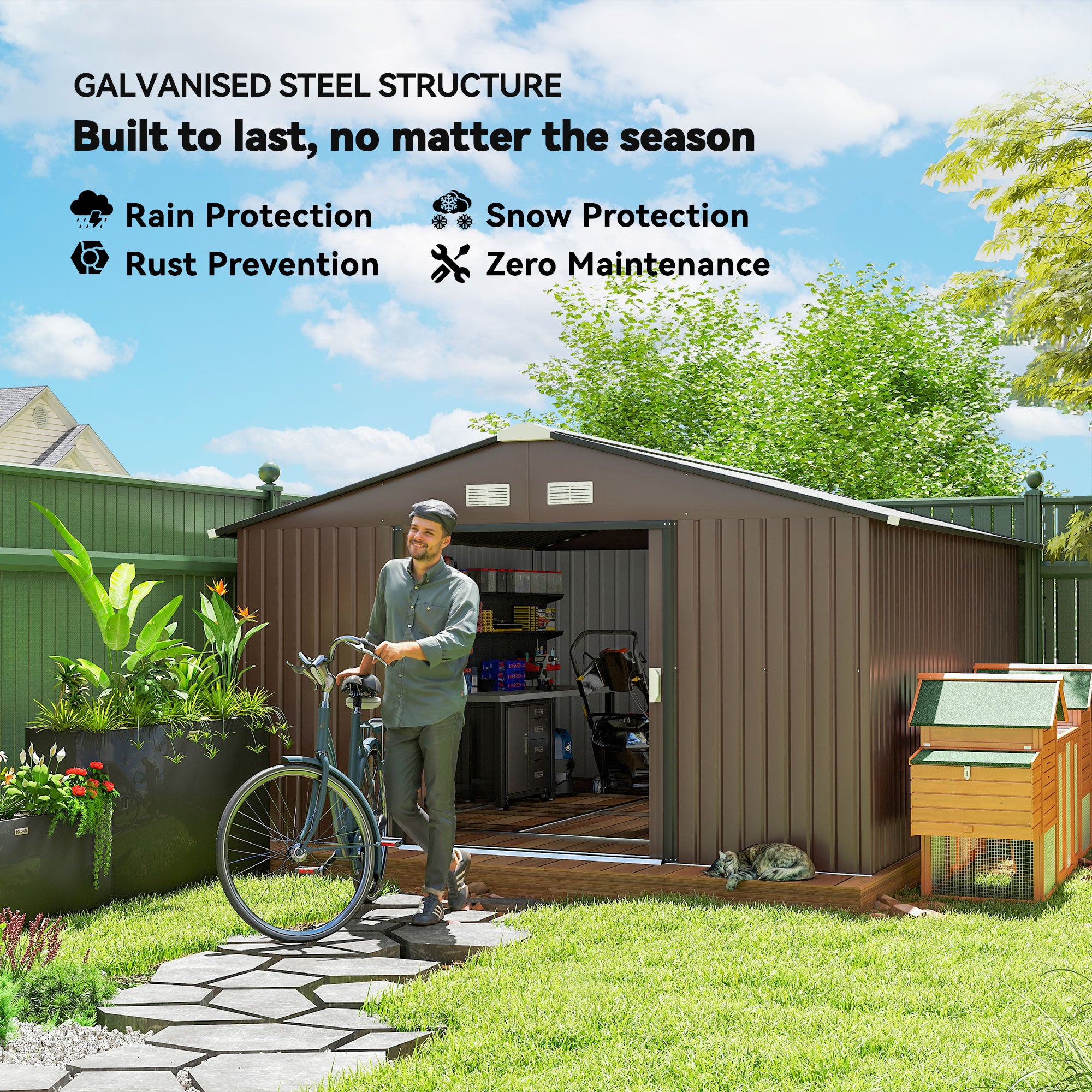 Metal Large Shed with Double Locking Doors Sloped Roof for Garden Tool, Bike Storage, Brown - View 4
