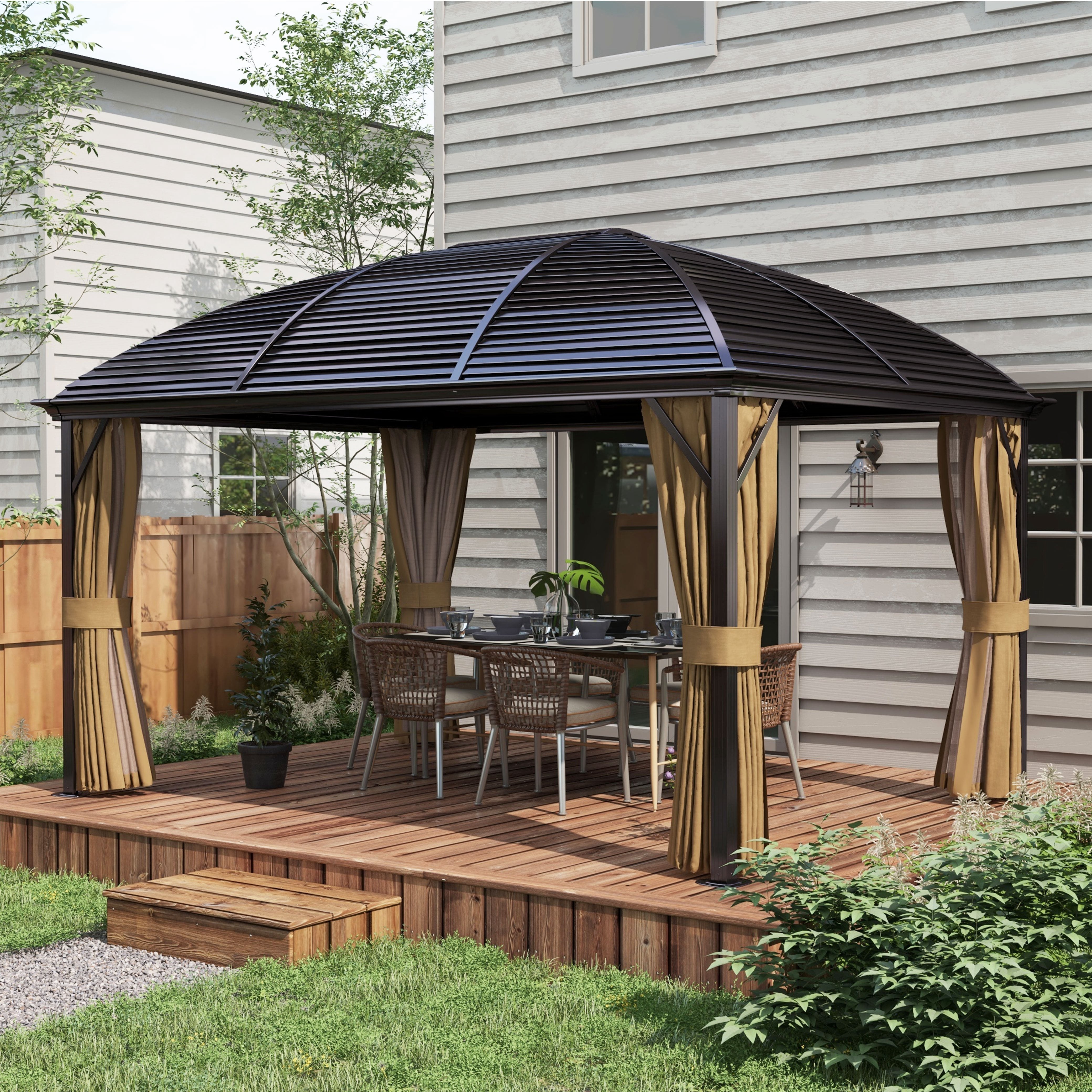 10' x 14' Hardtop Gazebo with Curtains, Netting, Pavilion with Steel Roof Ceiling Hook for Garden - View 2