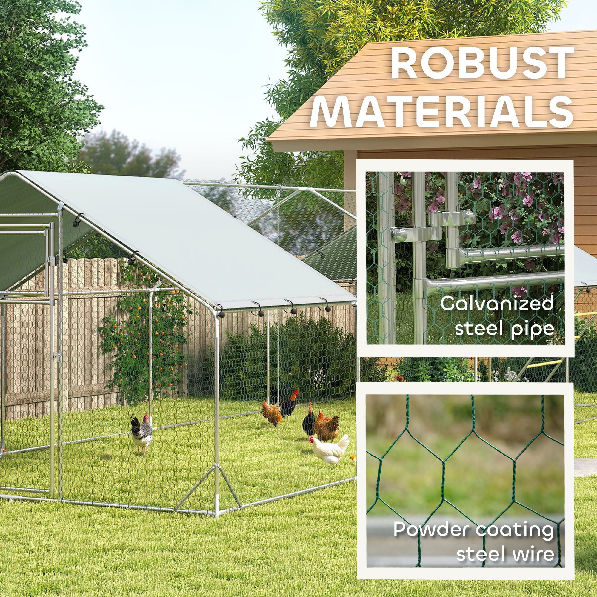 Metal Chicken Run w/ Waterproof & Anti-UV Cover, Feeding Door, Hanging Feeder, for 24-30 Chickens, - View 4
