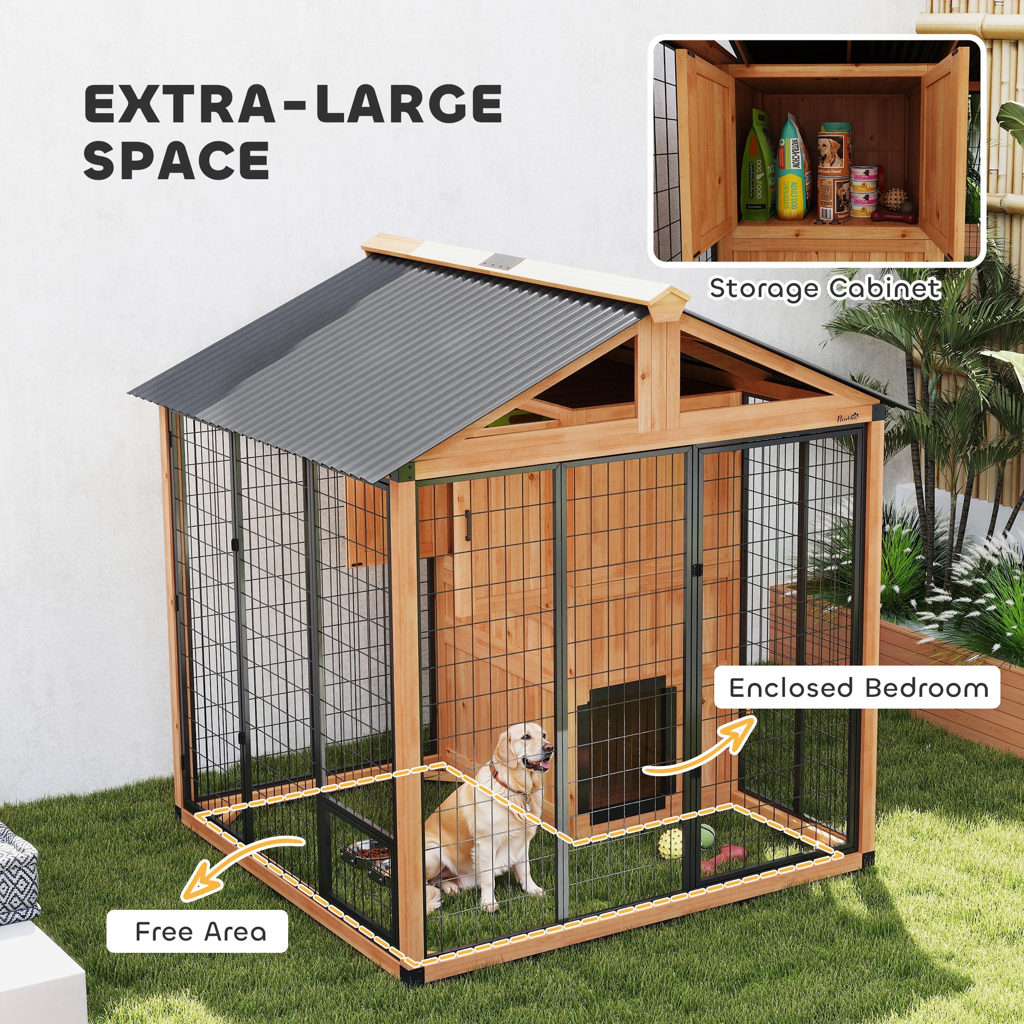 7' x 6' Extra Large Dog House, Wood Outdoor Dog Kennel with Storage Cabinet, Stainless Steel Bowls, - View 6