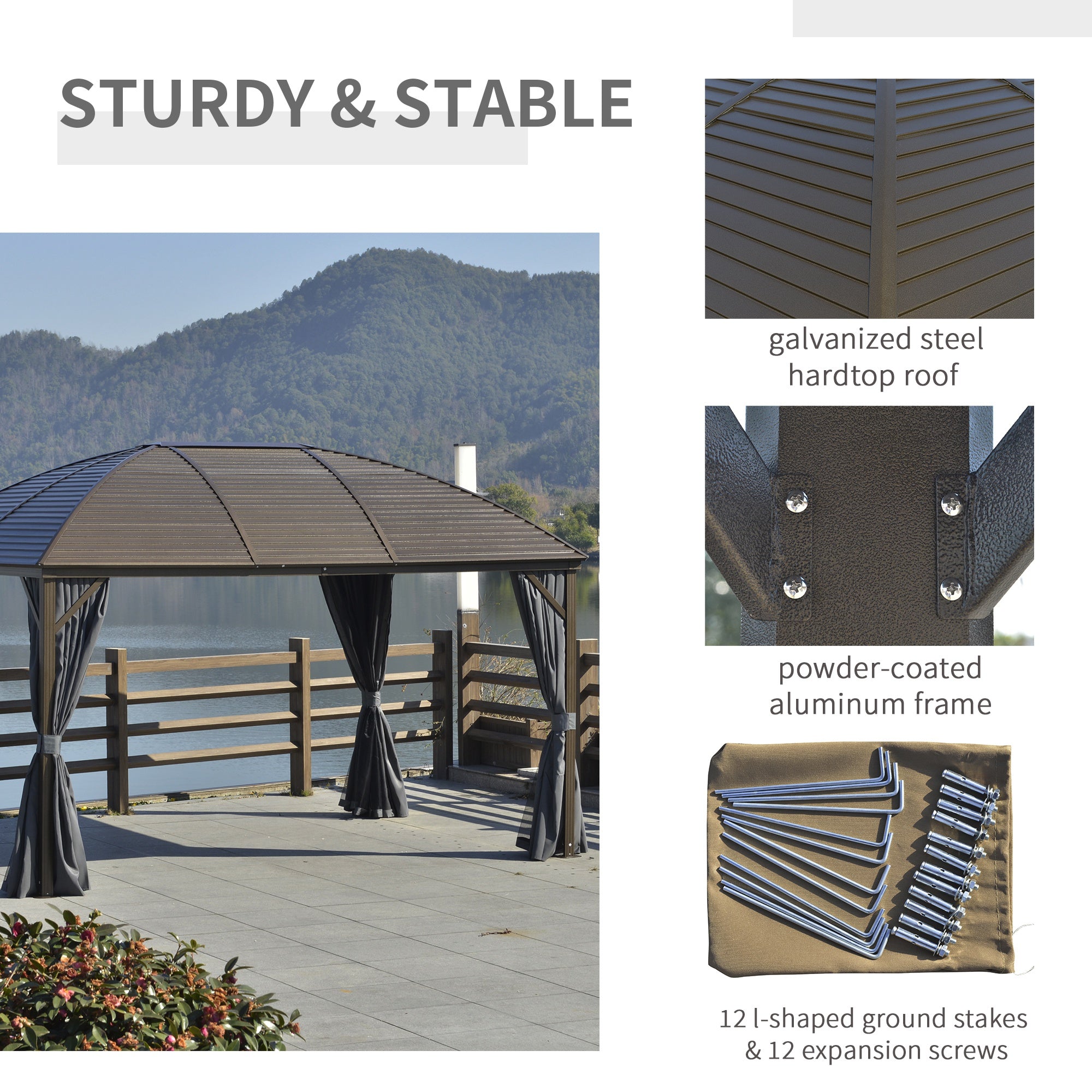 10' x 13' Hardtop Gazebo with Curtains, Netting, Pavilion with Steel Roof Ceiling Hook for Garden - View 5