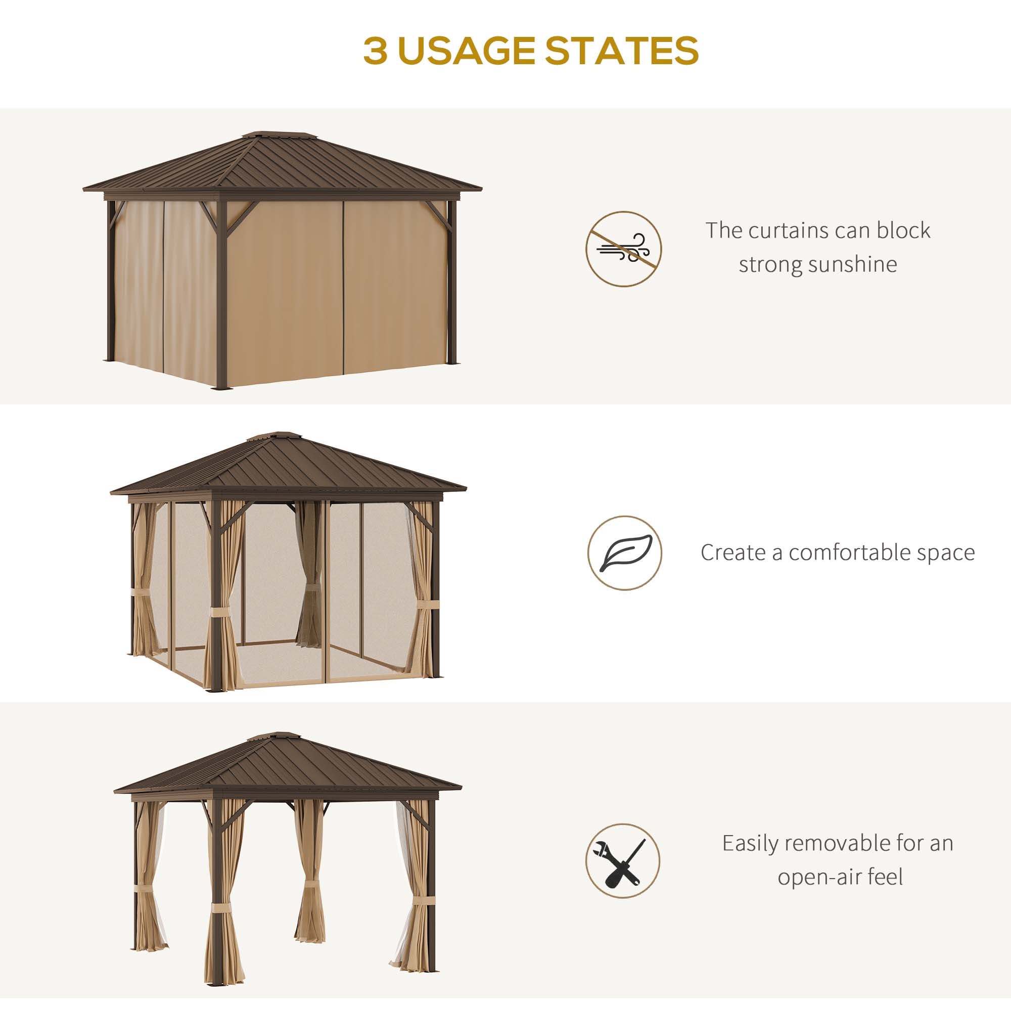 10' x 12' Hardtop Gazebo with Curtains and Netting, Permanent Pavilion Metal Single Roof Gazebo - View 7