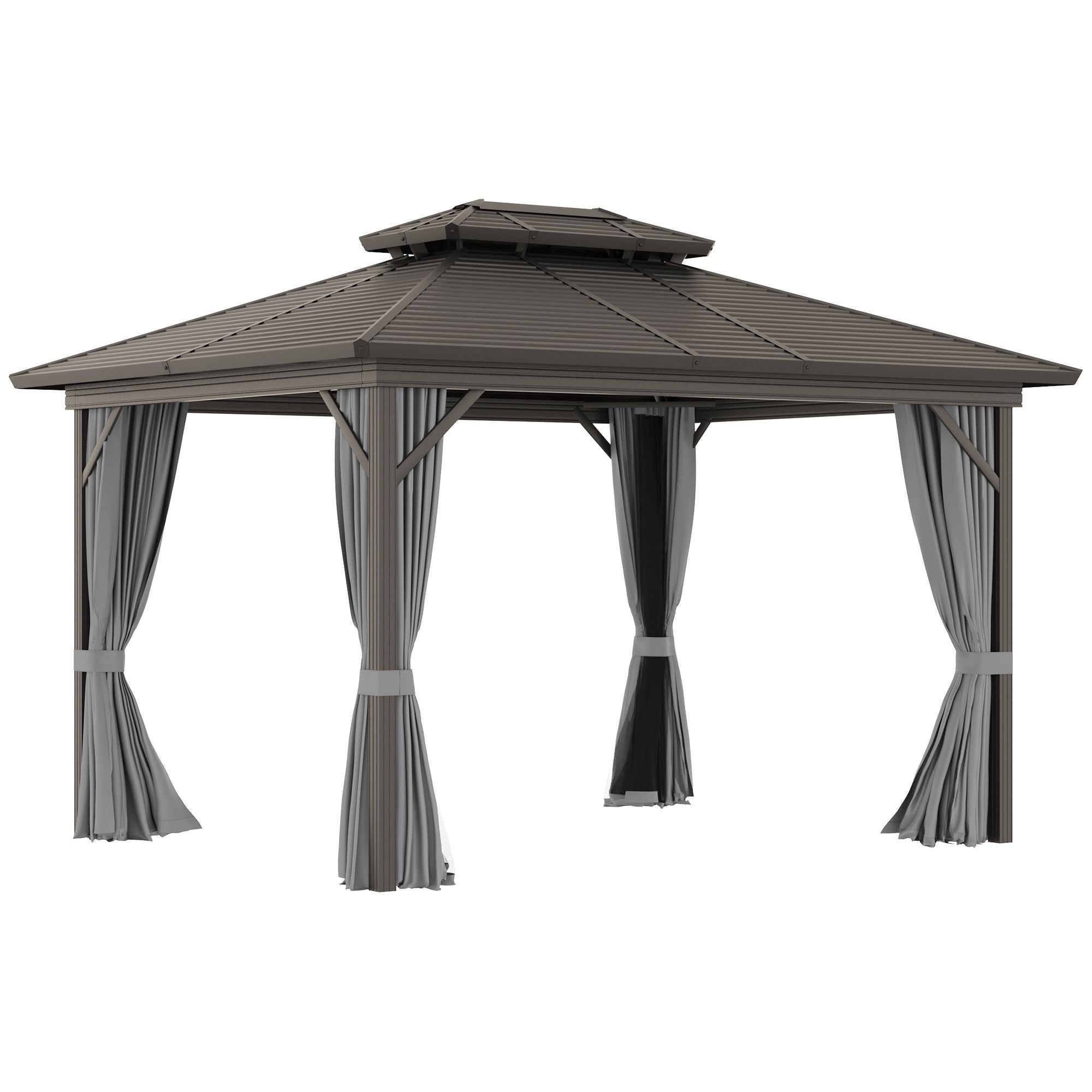 10' x 12' Hardtop Gazebo with Curtains and Netting, Permanent Pavilion Metal Double Roof Gazebo