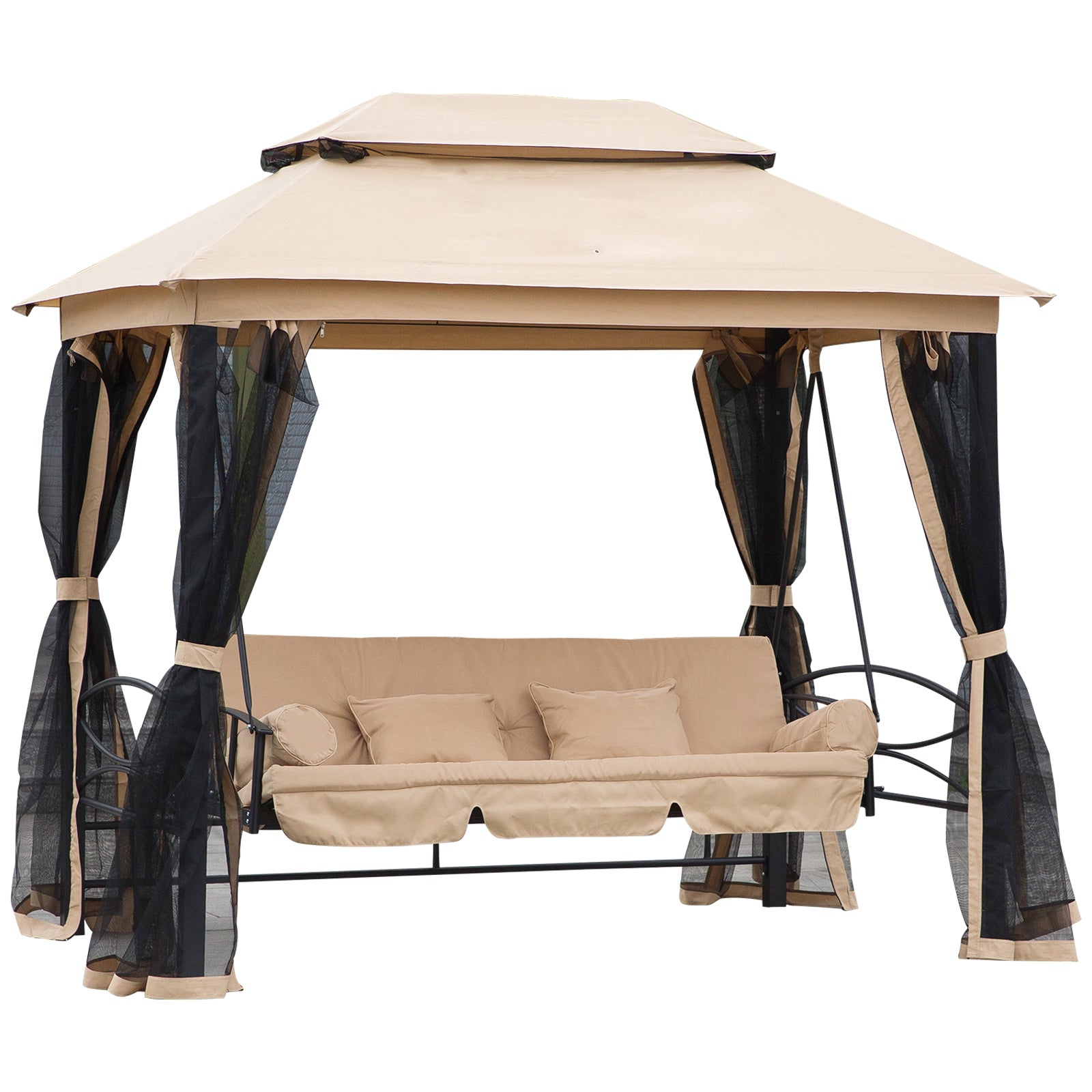 3-Seat Patio Swing Chair, Outdoor Gazebo Swing with Double Tier Canopy, Mesh Sidewalls, Cushioned