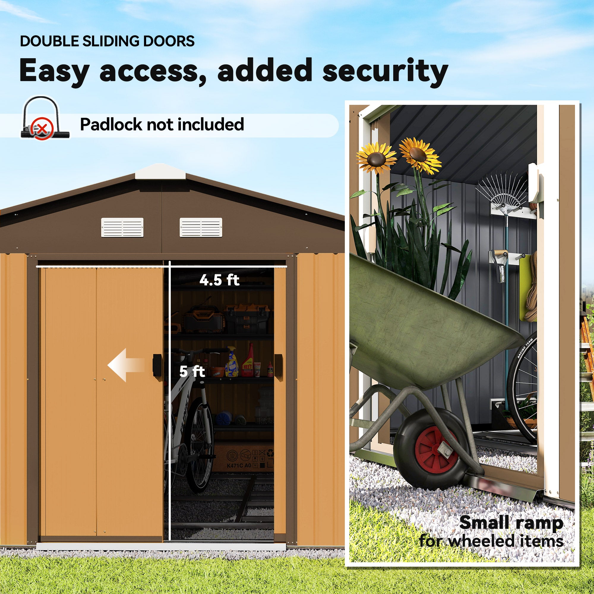 Garden Metal Shed, Storage Shed Utility Storage with Double Locking Doors for Bike, Yard Tools, - View 5