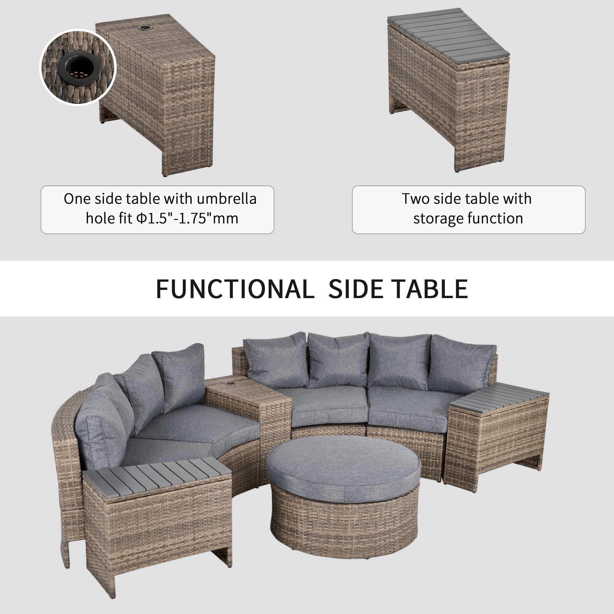 8 Piece Outdoor Rattan Sofa, Half Round Patio Furniture Set with Side Tables, Umbrella Hole, and - View 5