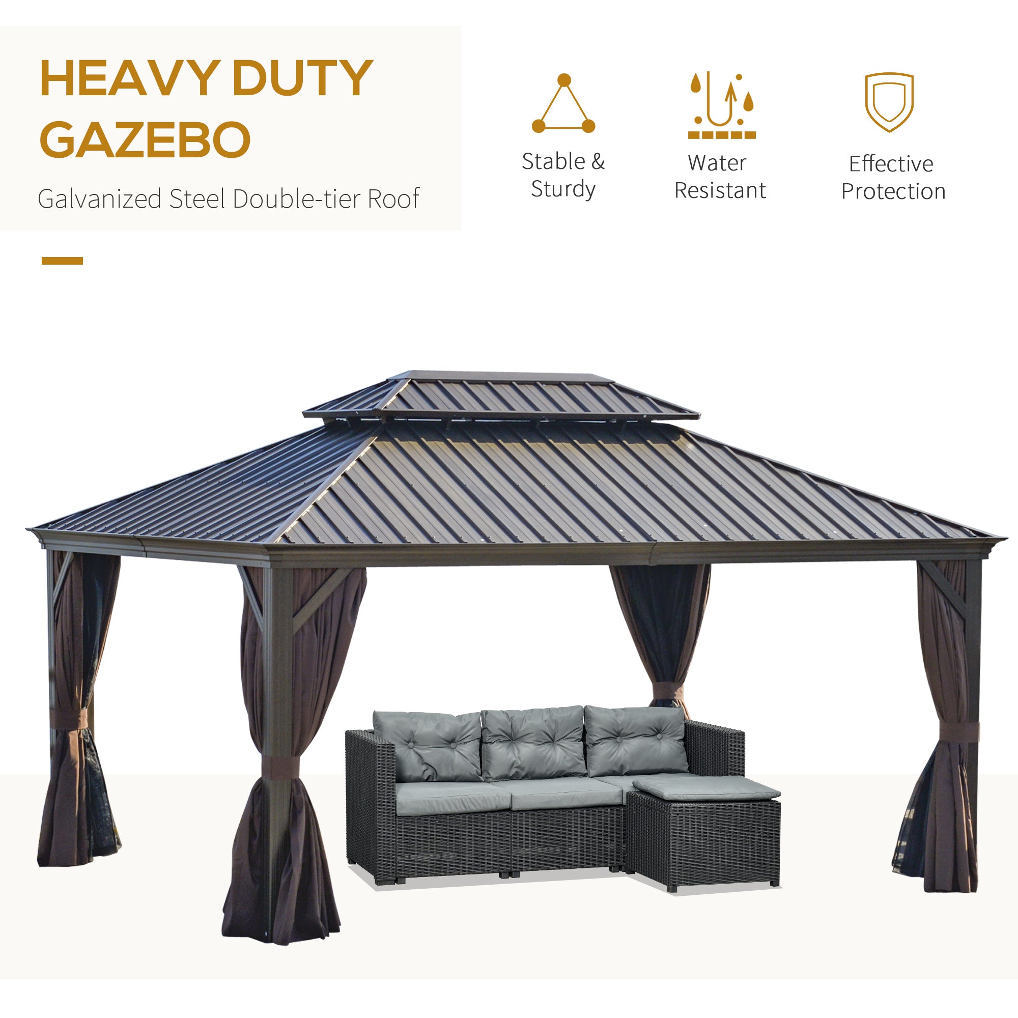 12' x 16' Hardtop Gazebo with Curtains and Netting, Permanent Pavilion Metal Double Roof Gazebo - View 4