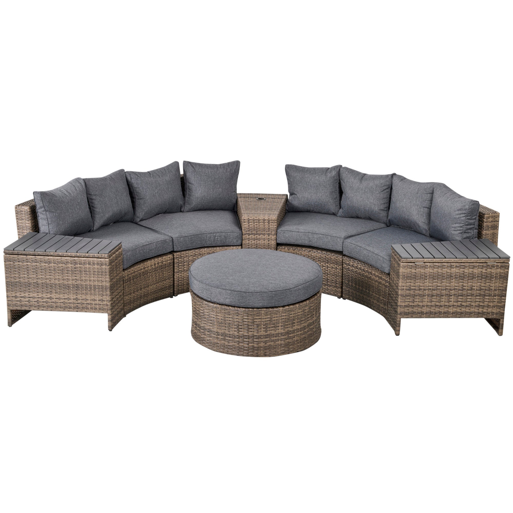 8 Piece Outdoor Rattan Sofa, Half Round Patio Furniture Set with Side Tables, Umbrella Hole, and - View 7
