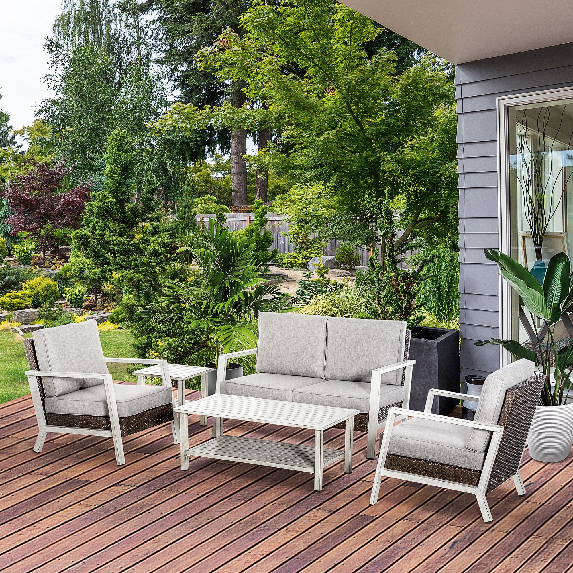 Aluminum Patio Furniture Set, 5 Piece Modern Outdoor Conversation Set with Loveseat Sofa, Chairs, - View 2