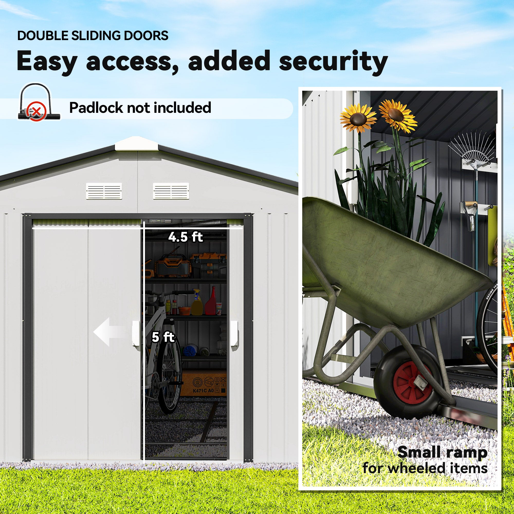 Garden Metal Shed, Storage Shed Utility Storage with Double Locking Doors for Bike, Yard Tools, - View 5