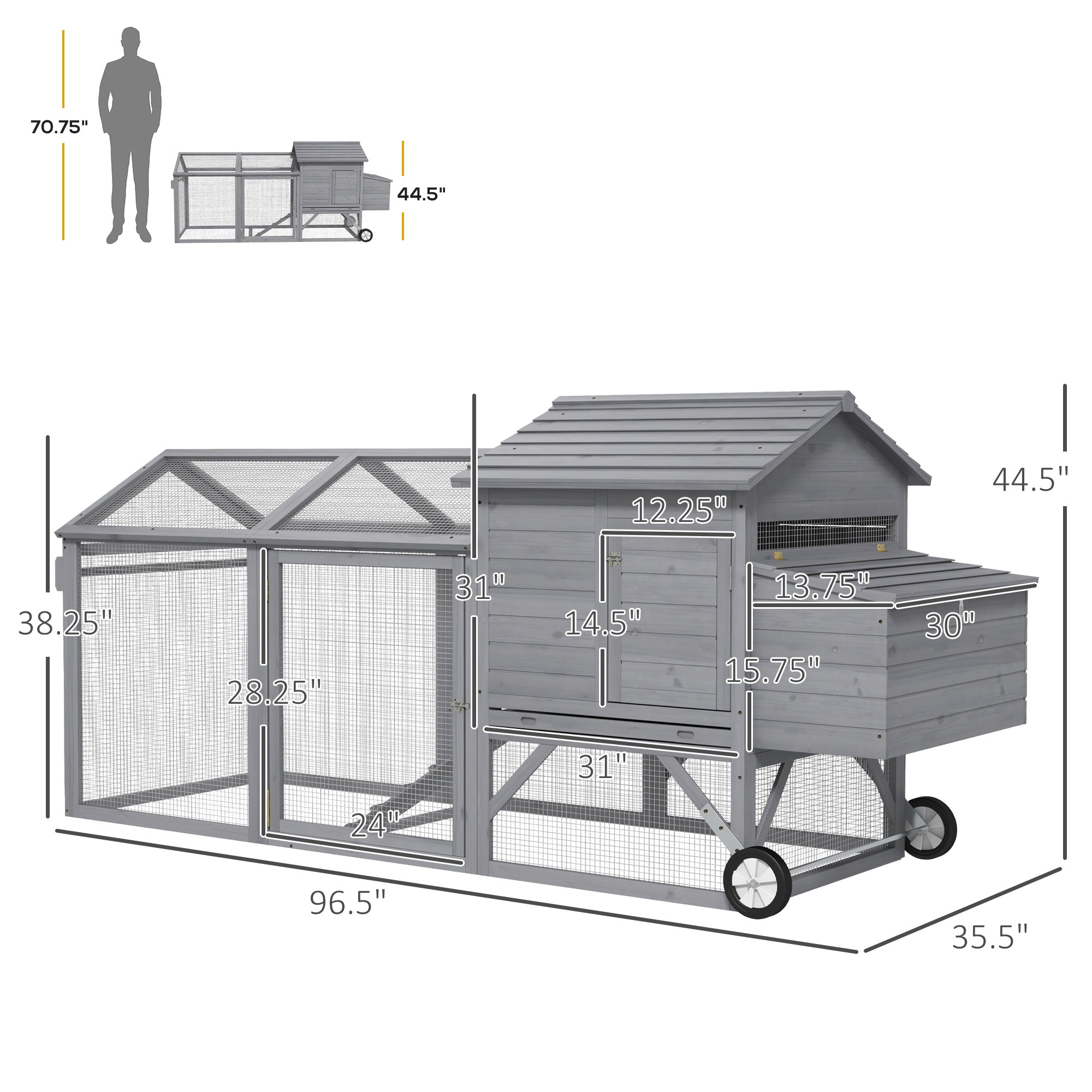 96.5" Chicken Coop Wooden Hen House Poultry Cage Pen Portable with Wheels and Nesting Box, Chicken - View 2