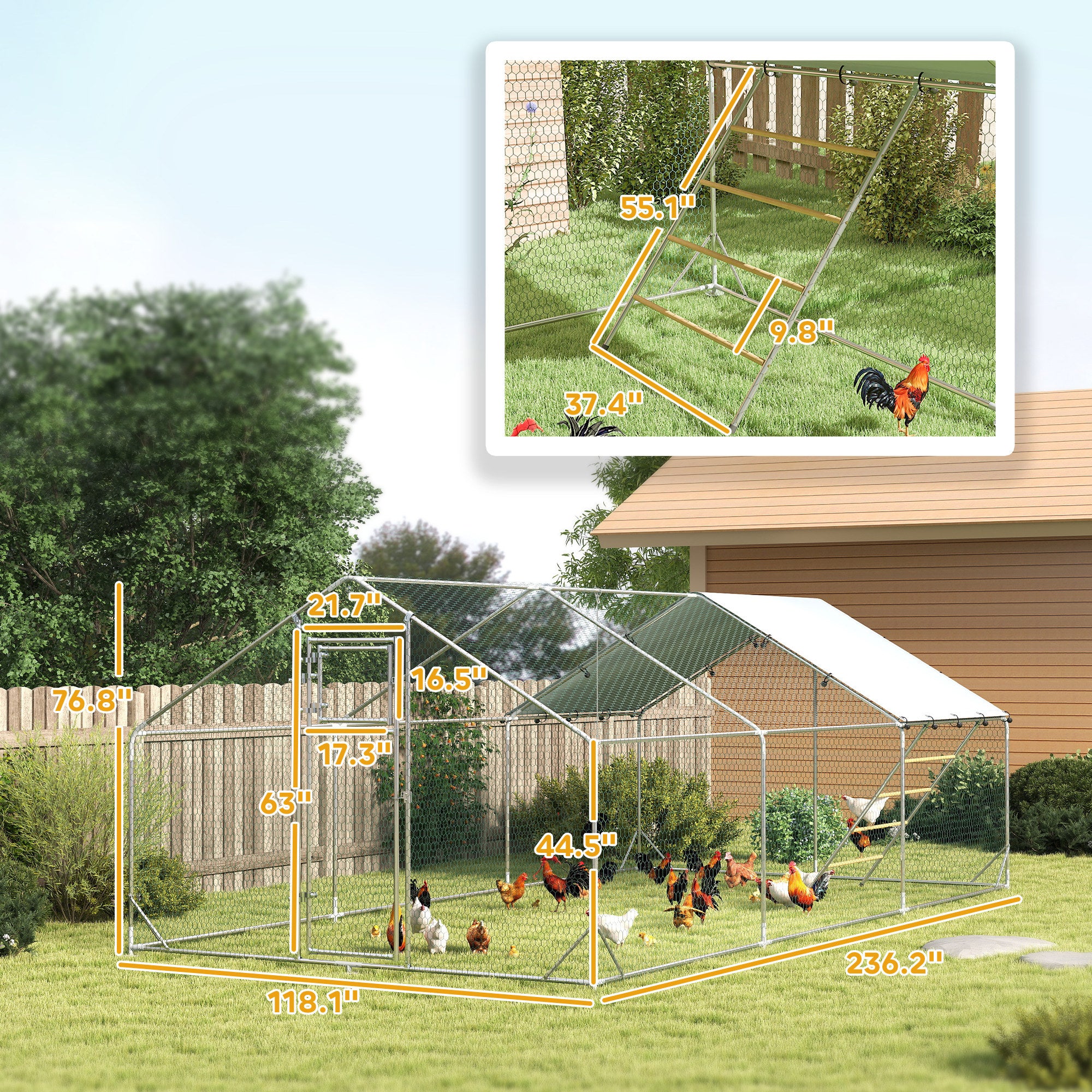 Metal Chicken Run w/ Waterproof & Anti-UV Cover, Feeding Door, Hanging Feeder, for 18-24 Chickens, - View 2