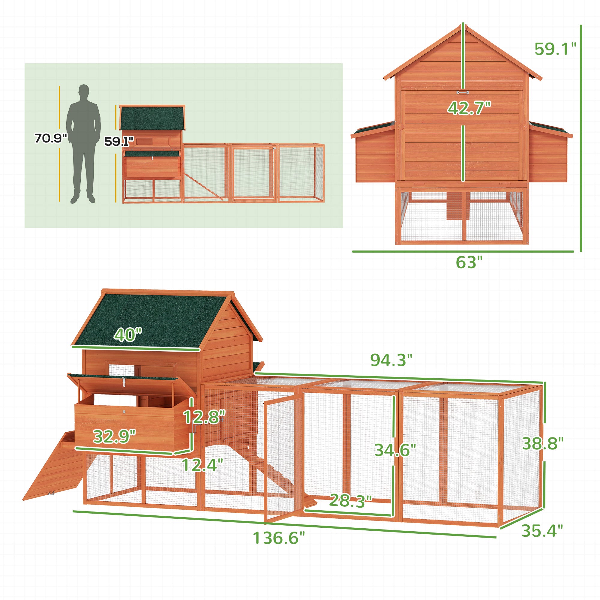 137" Wooden Chicken Coop for 8-10 Chickens, Backyard, Orange - View 2