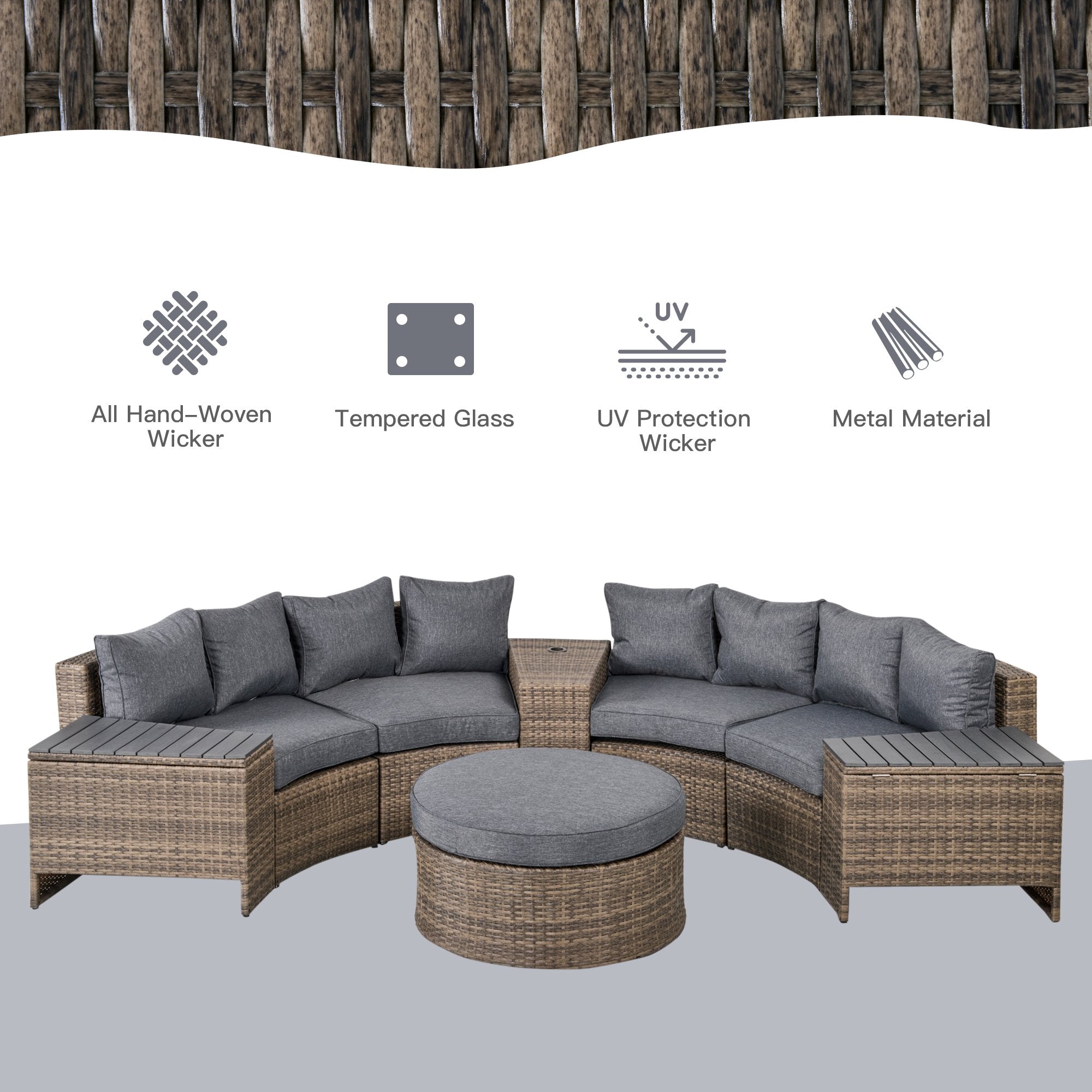 8 Piece Outdoor Rattan Sofa, Half Round Patio Furniture Set with Side Tables, Umbrella Hole, and - View 4