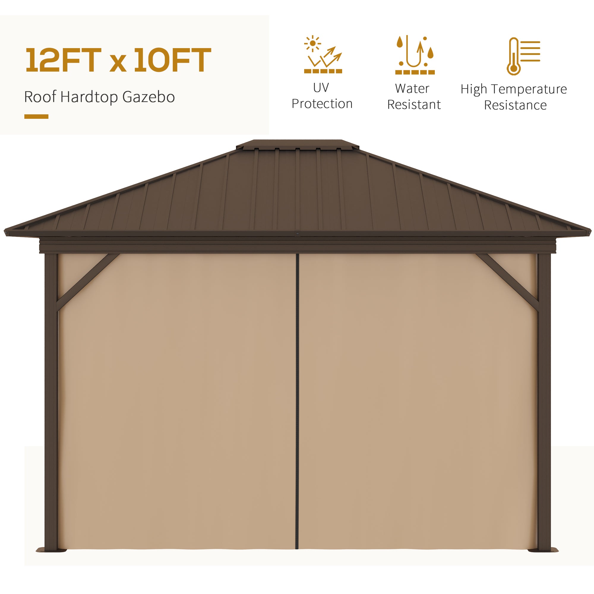 10' x 12' Hardtop Gazebo with Curtains and Netting, Permanent Pavilion Metal Single Roof Gazebo - View 5