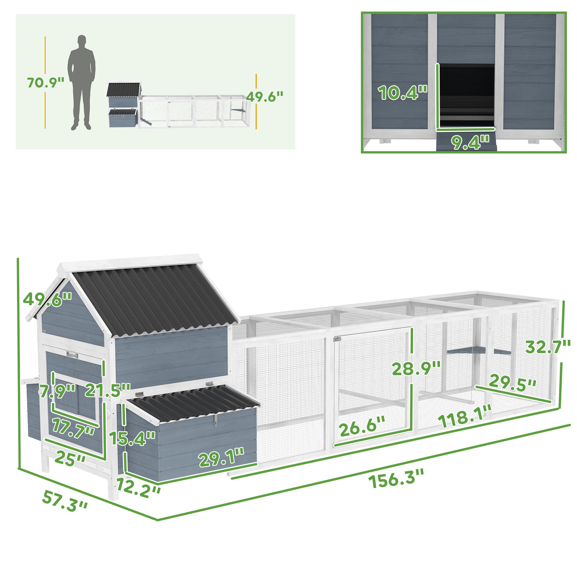 156" Extra Large Wooden Chicken Coop with 2 Nesting Box, Run Cage, Waterproof Wave Roof, for 10-15 - View 2
