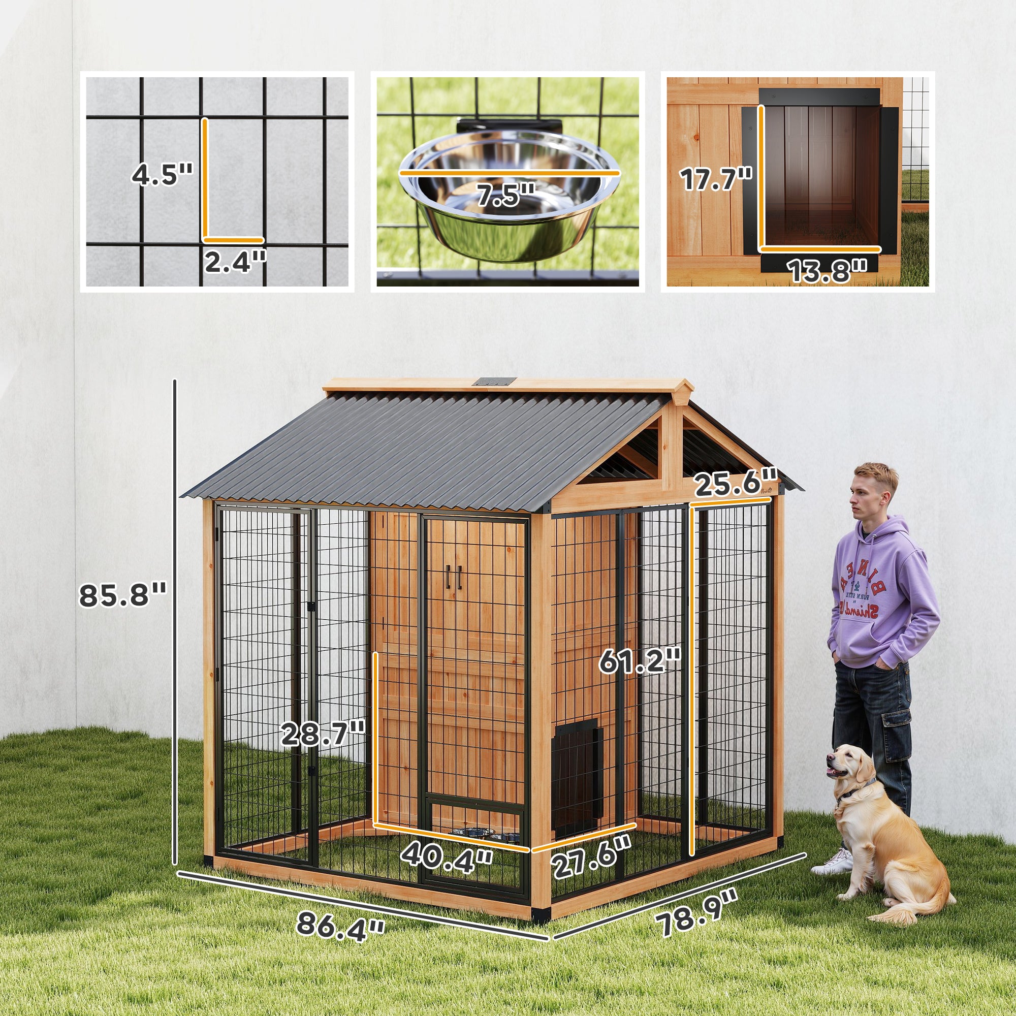 7' x 6' Extra Large Dog House, Wood Outdoor Dog Kennel with Storage Cabinet, Stainless Steel Bowls, - View 3