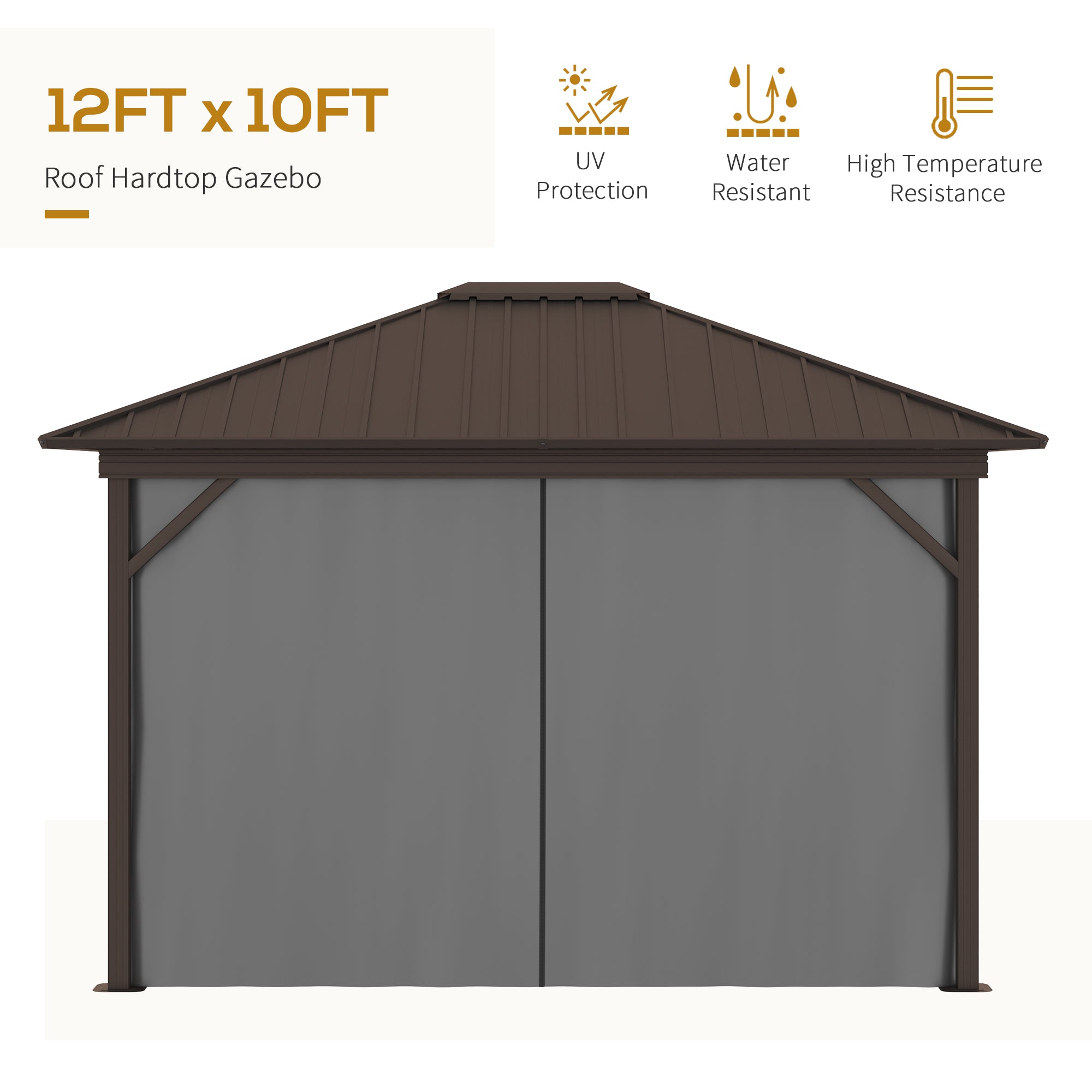 10' x 12' Hardtop Gazebo with Curtains and Netting, Permanent Pavilion Metal Single Roof Gazebo - View 5