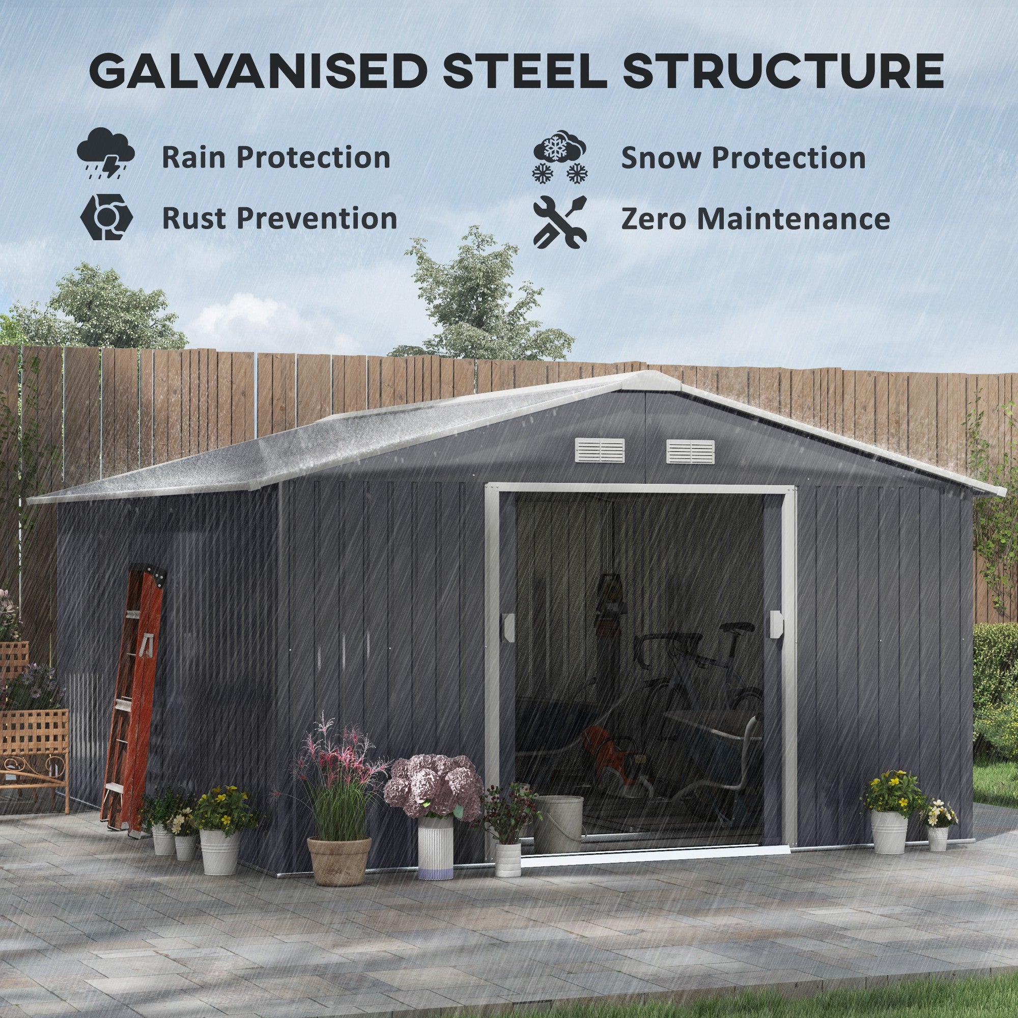 11' x 13' Garden Metal Shed, Storage Shed Utility Storage with Double Locking Doors for Bike, Yard - View 5