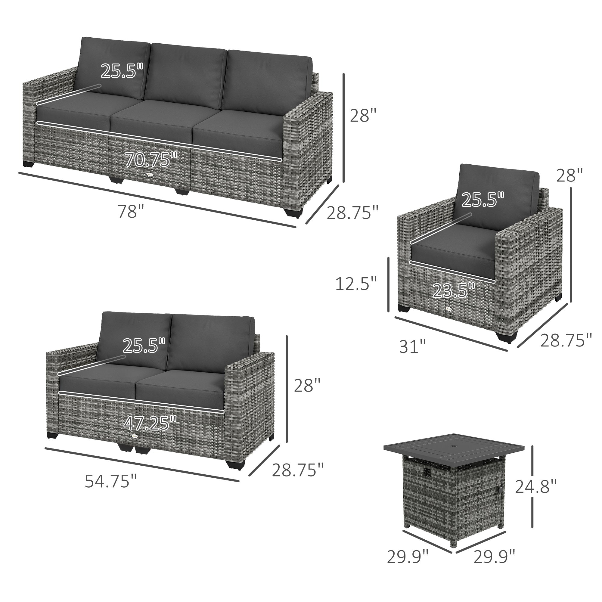 Patio Furniture Set, Cushions, Sofa, Loveseat, Fire Pit Table, Gray - View 3
